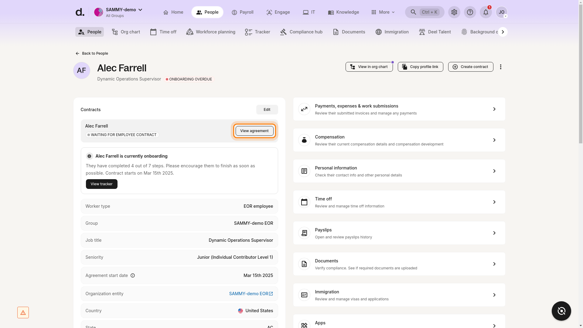 Profile page with View agreement button highlighted