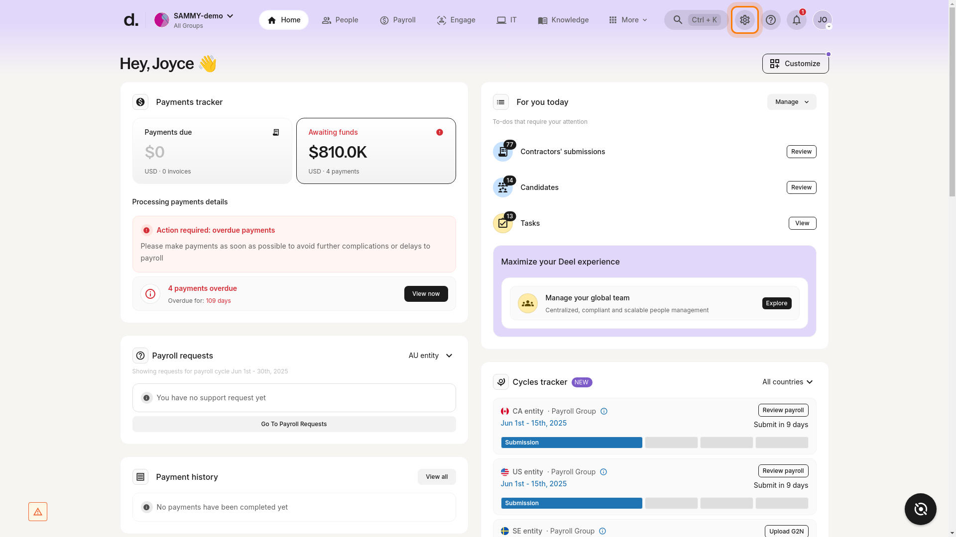 Organizational Settings icon highlighted in the Deel dashboard header