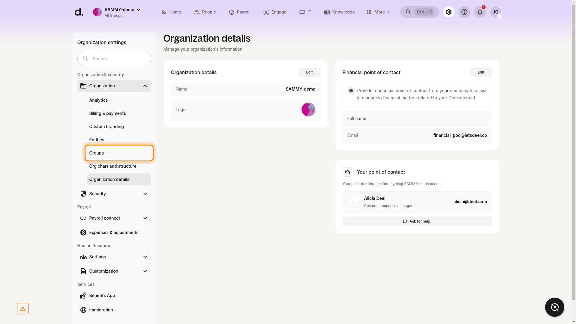 Groups option highlighted in the Organization settings sidebar