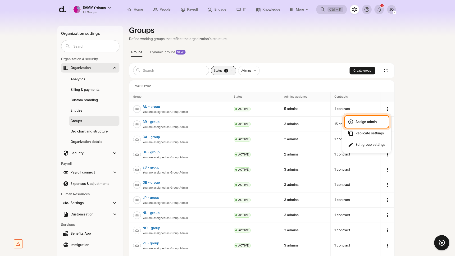 Assign admin option highlighted in the group actions dropdown menu