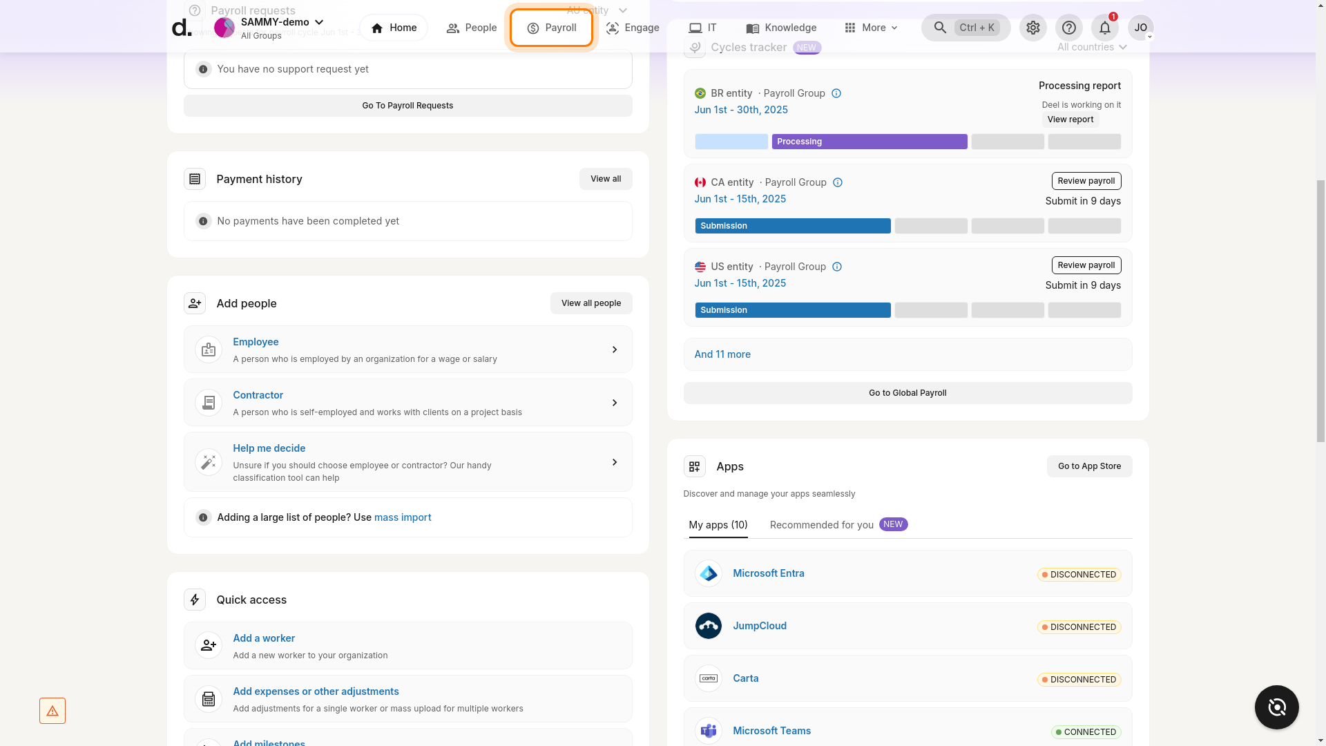 Payroll navigation button highlighted on Deel home page