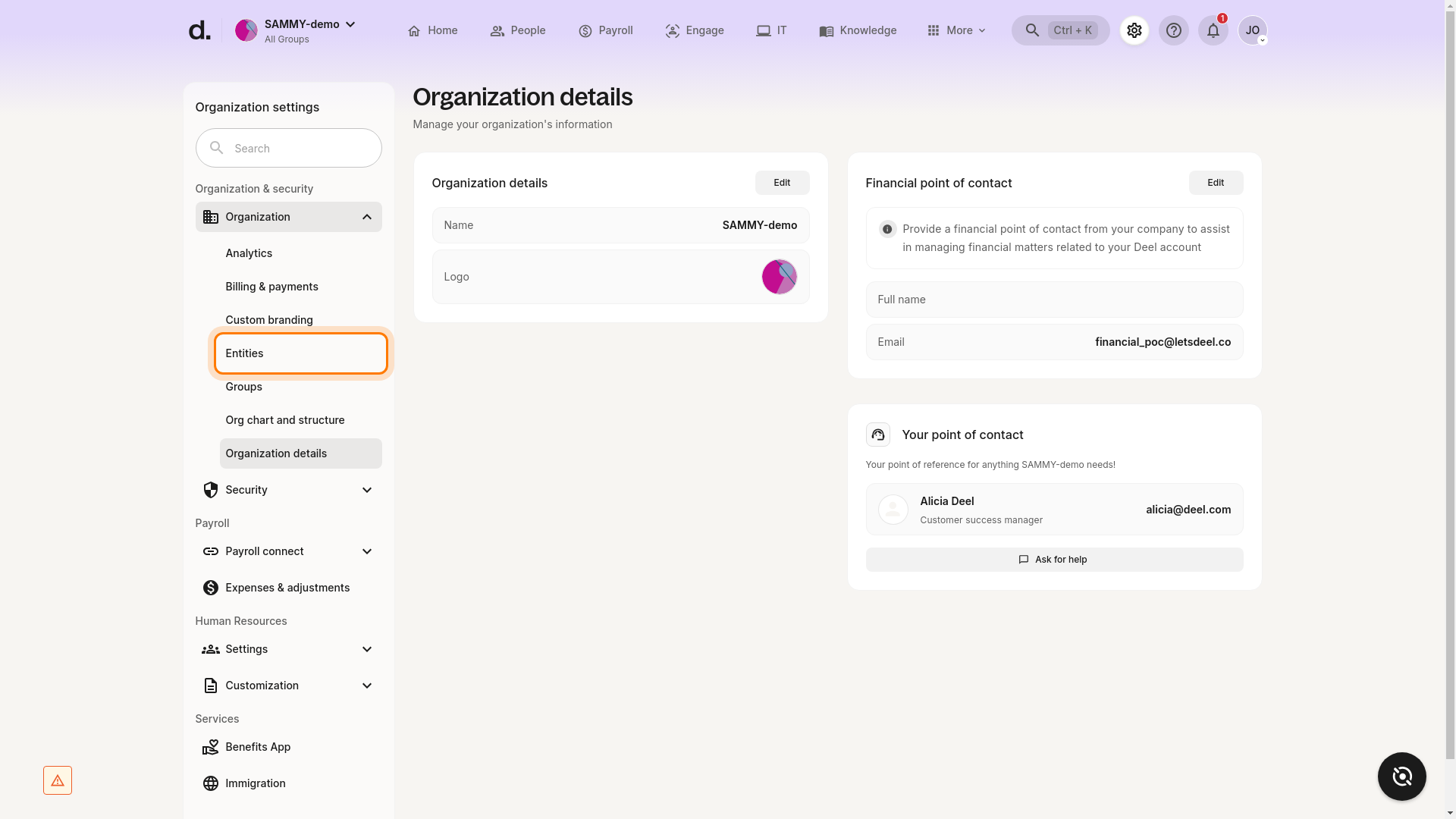 Entities option highlighted in the Organization Settings sidebar