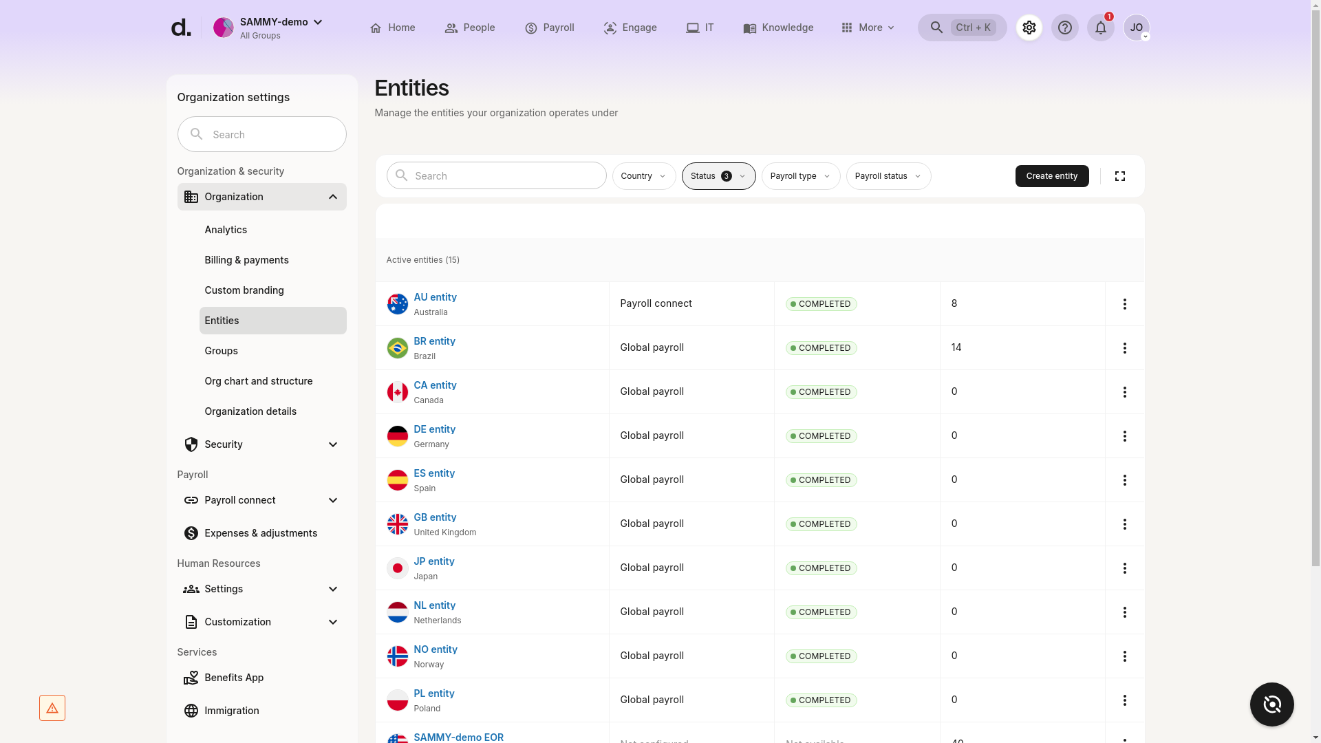 Entities page showing a list of legal entities with details