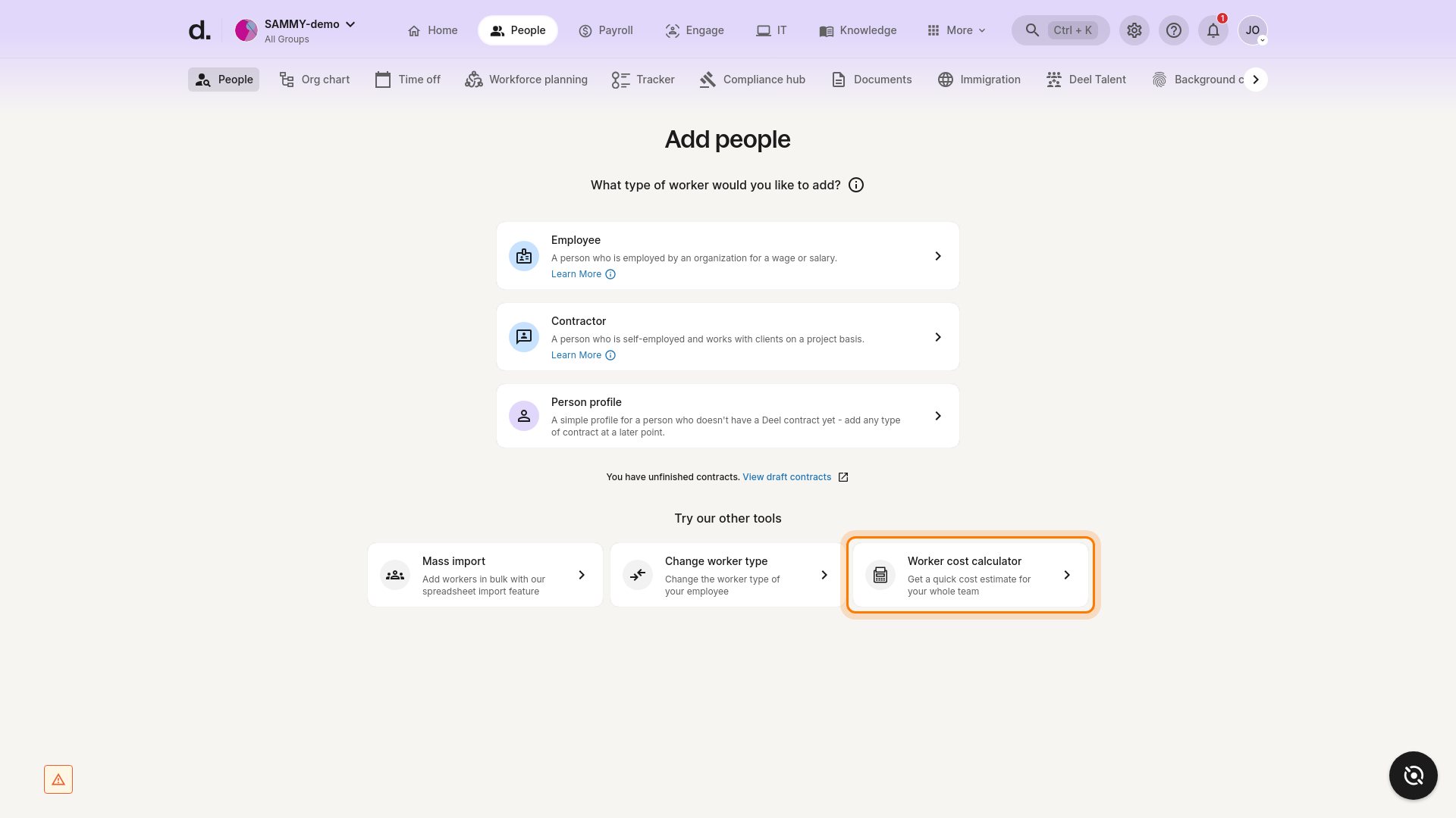 Worker cost calculator option highlighted