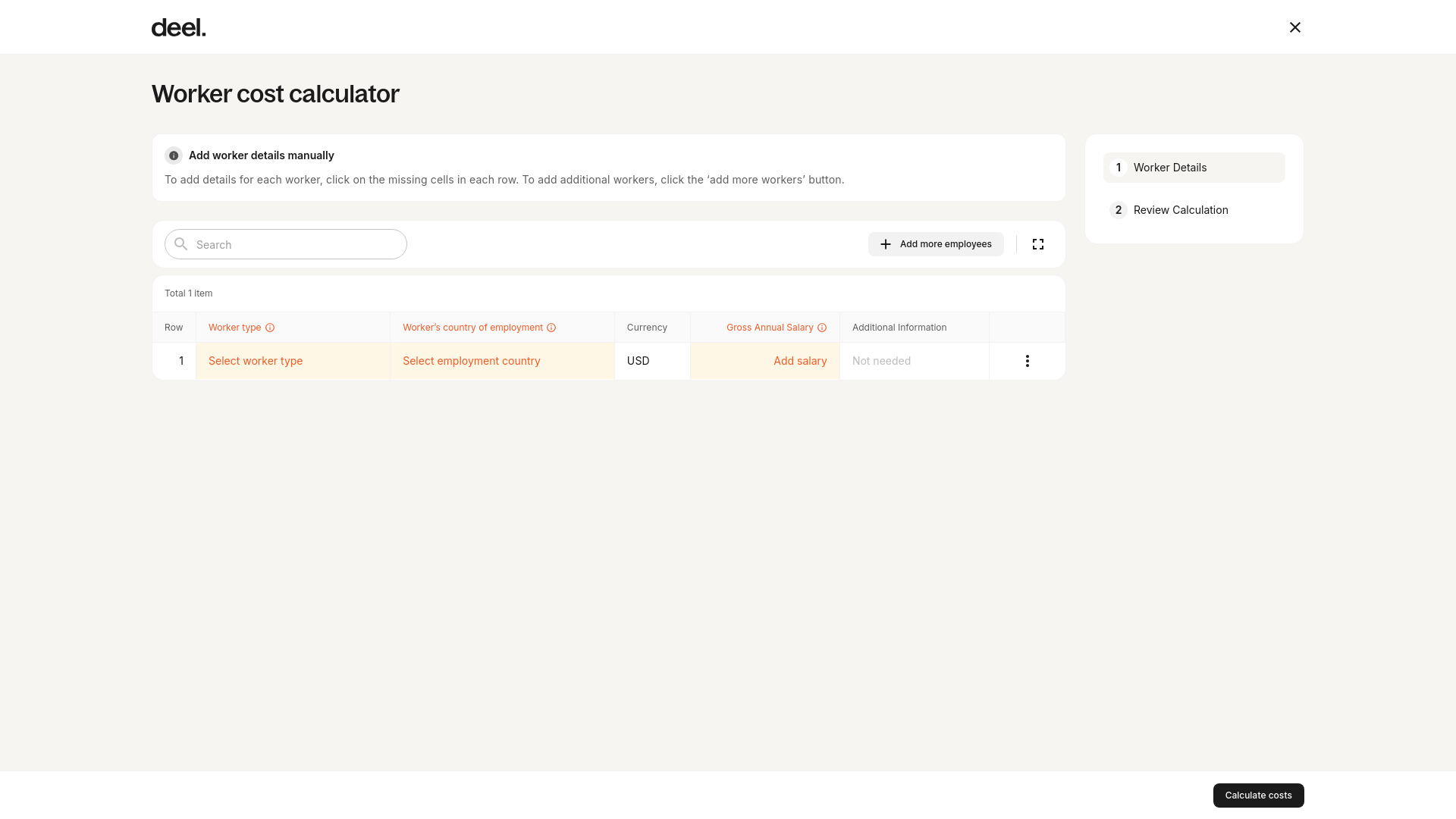 Worker cost calculator form