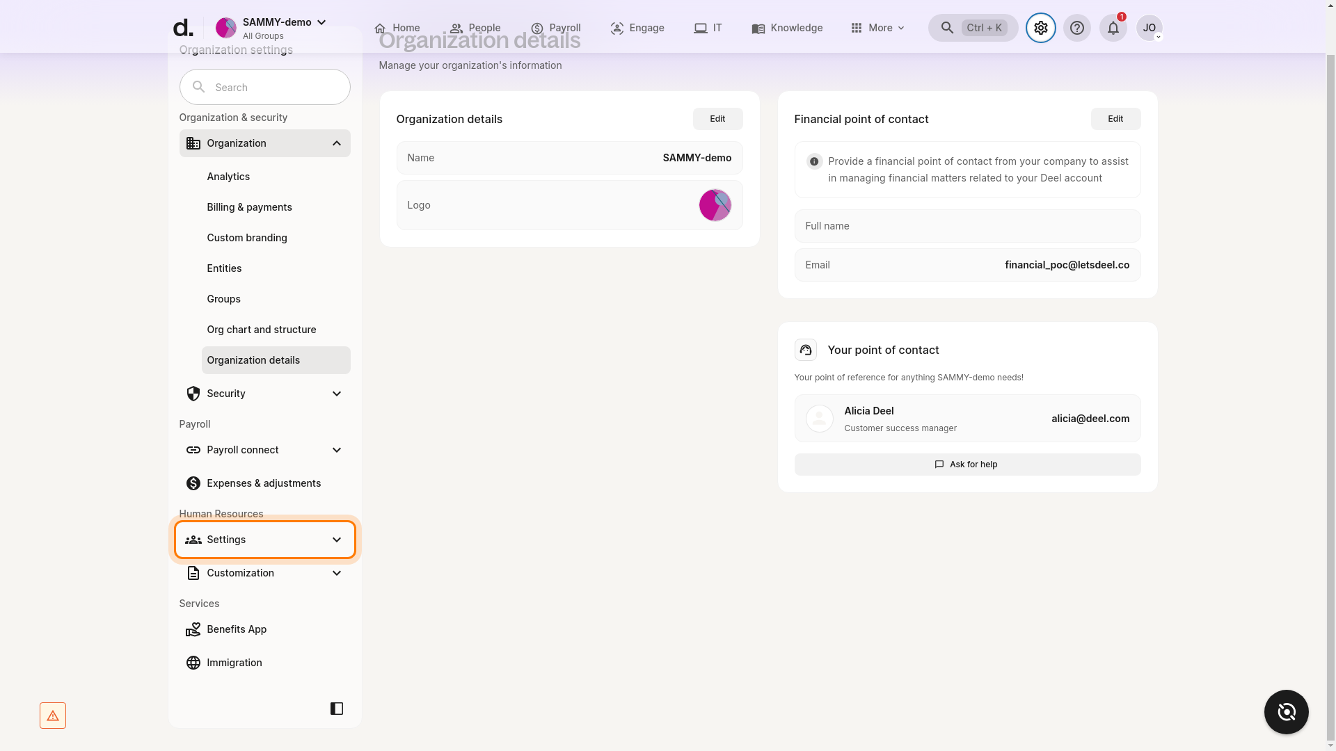 Settings section