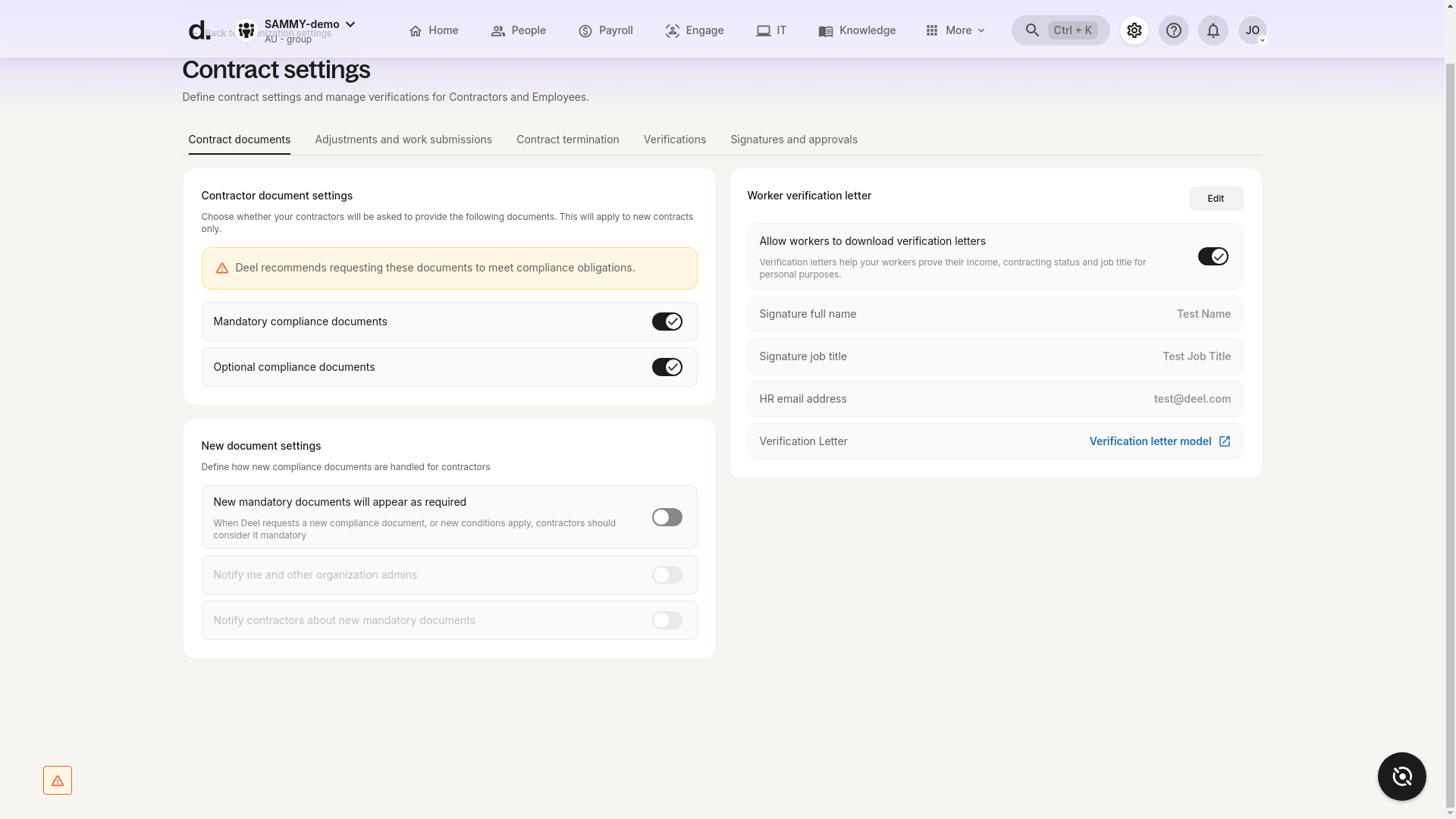 Contract Settings Page