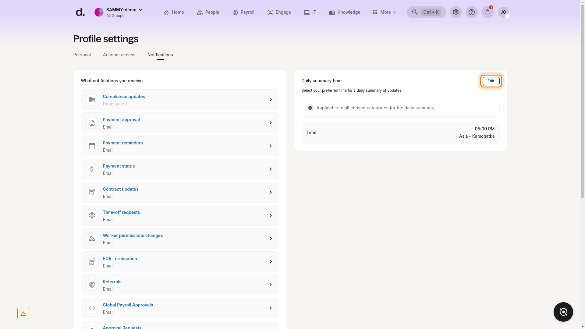 List of categories + Daily summary