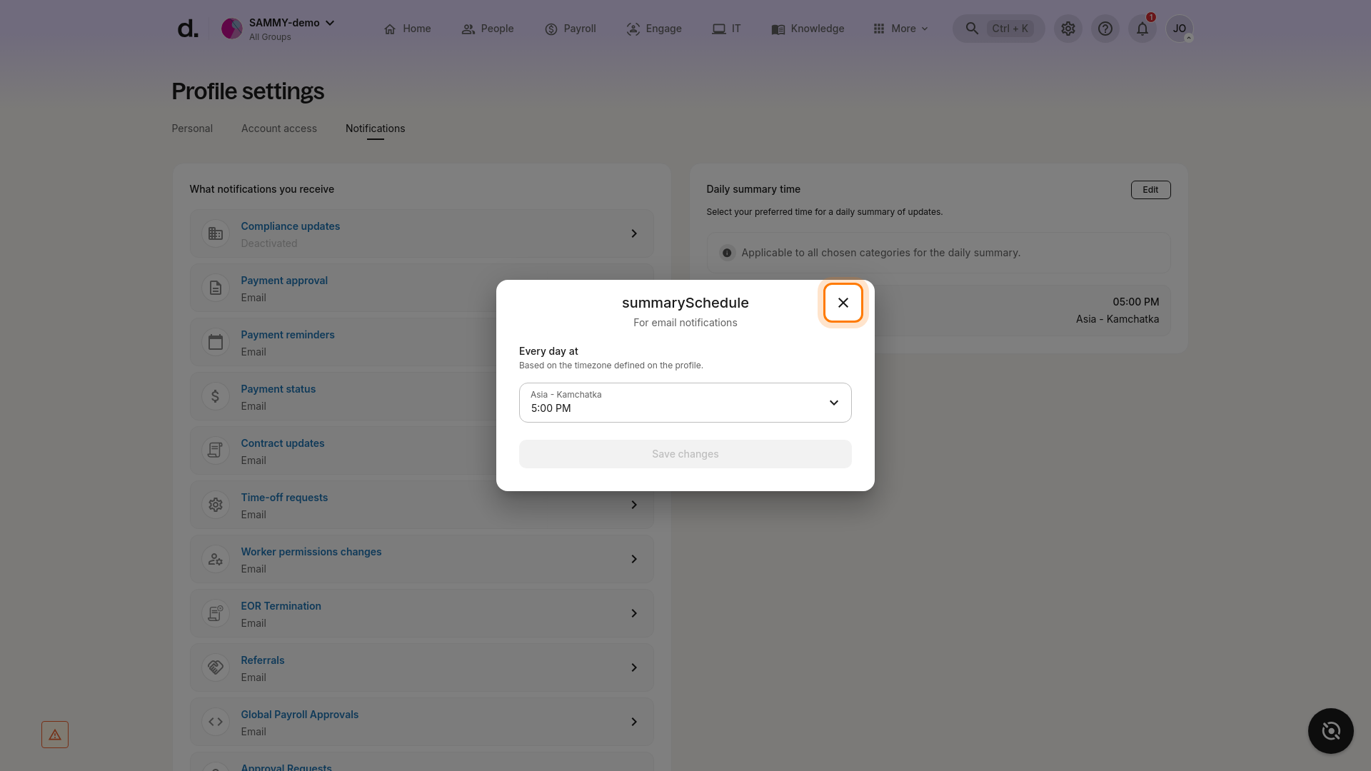 Daily summary modal