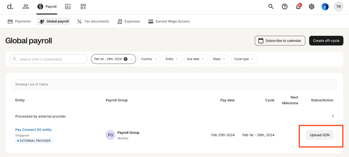 Global Payroll icon and Payroll Connect selection screen