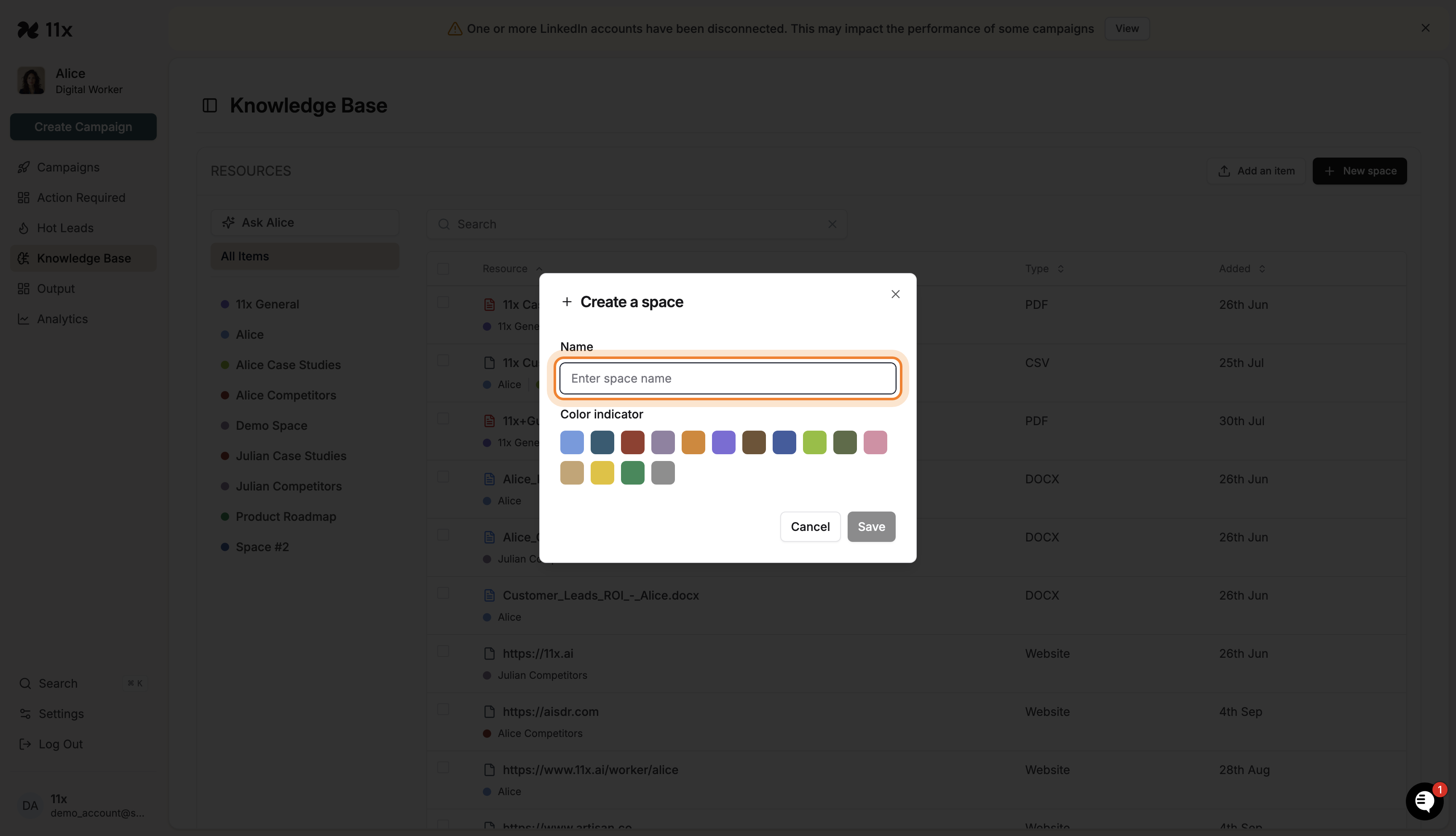 Create a space dialog with Name field highlighted