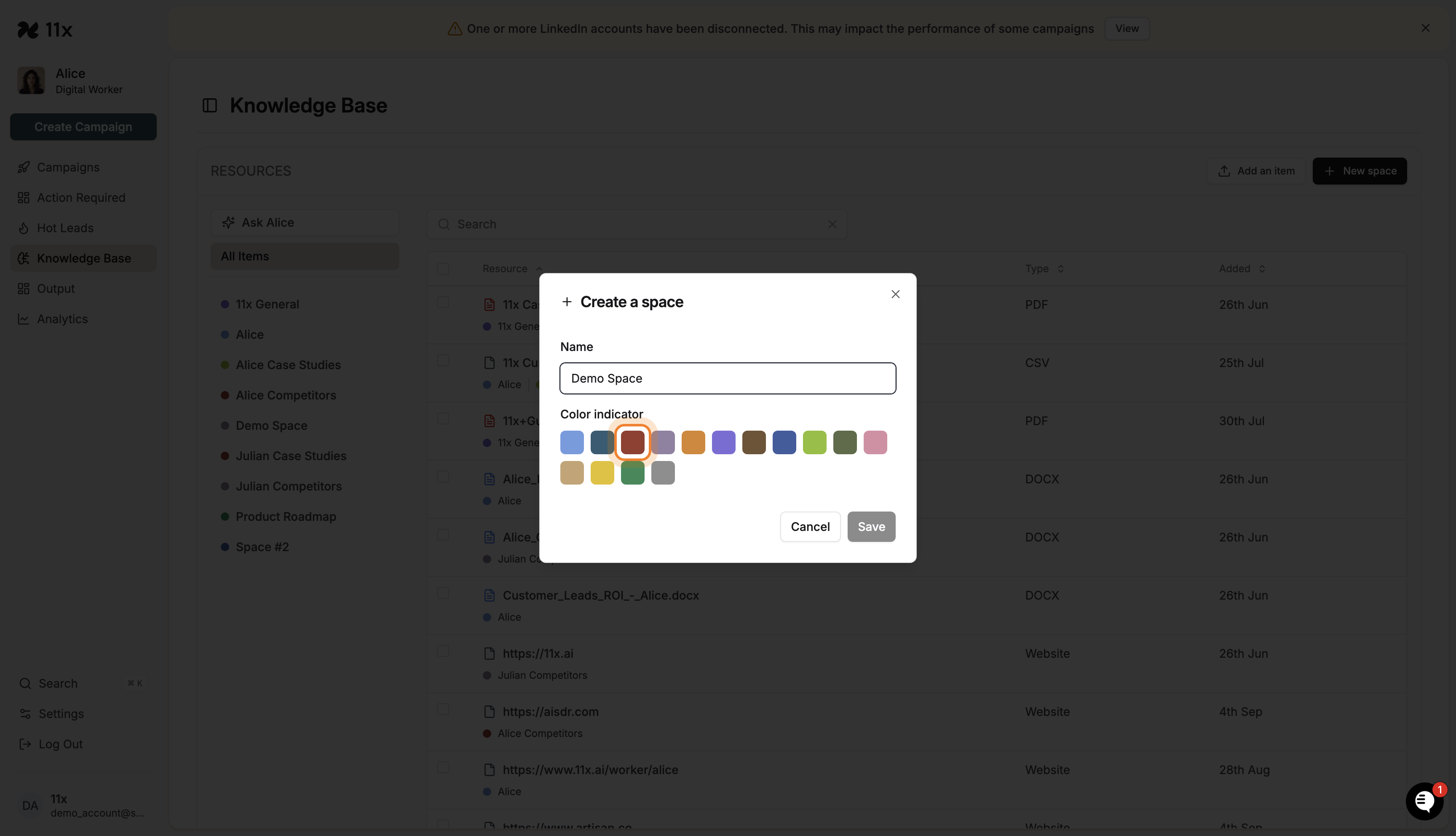 Color indicator selection in the Create a space dialog