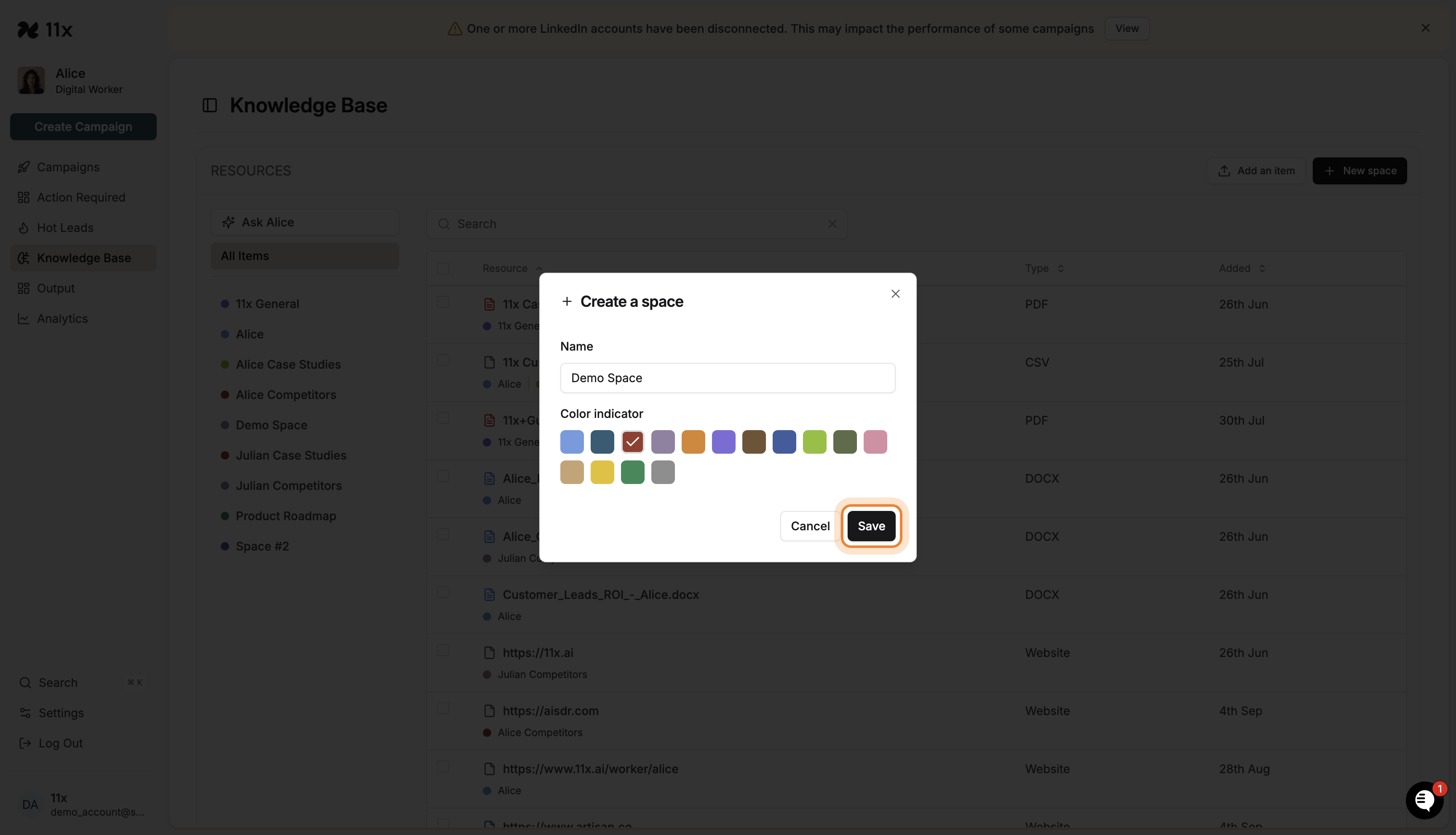 Save button highlighted in the Create a space dialog