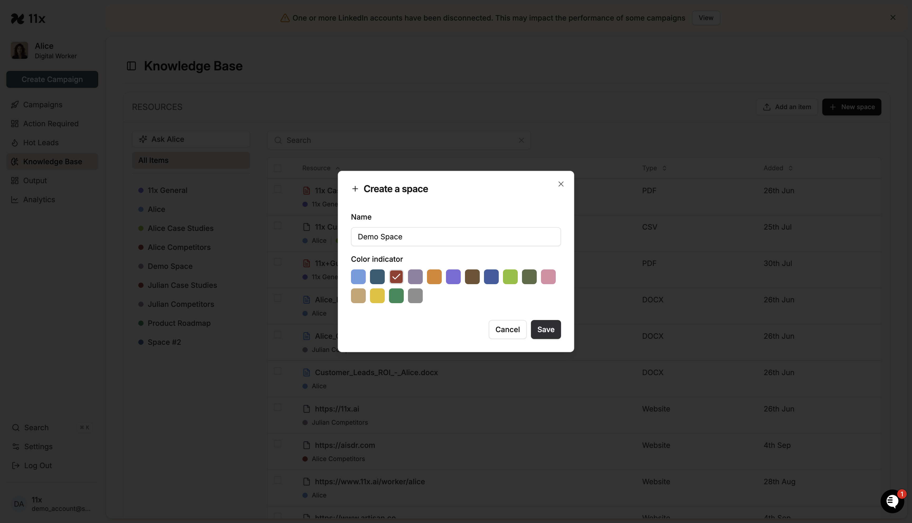 Newly created space "Demo Space" visible in the sidebar
