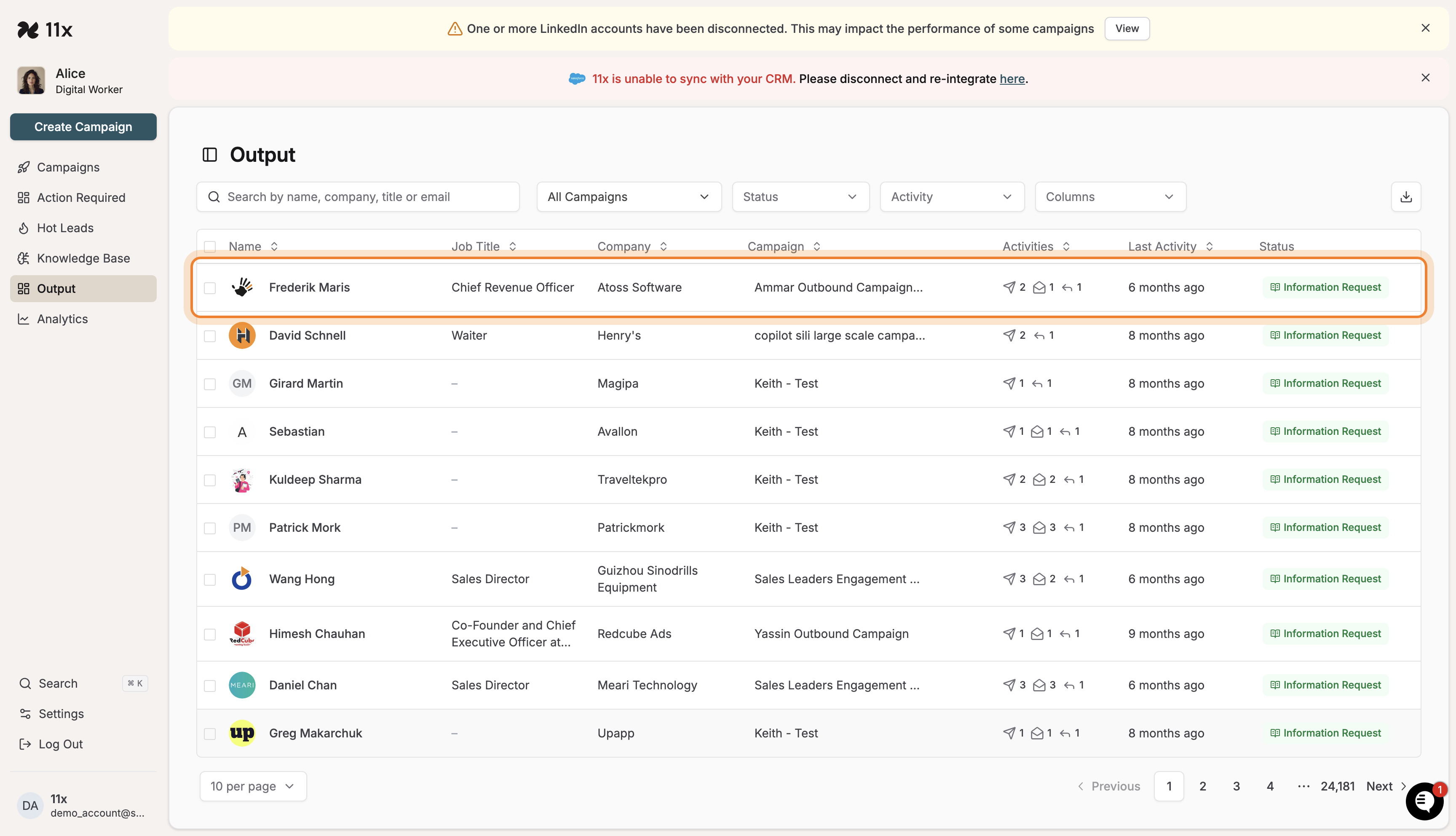 Contact list in Output section with Frederik Maris highlighted