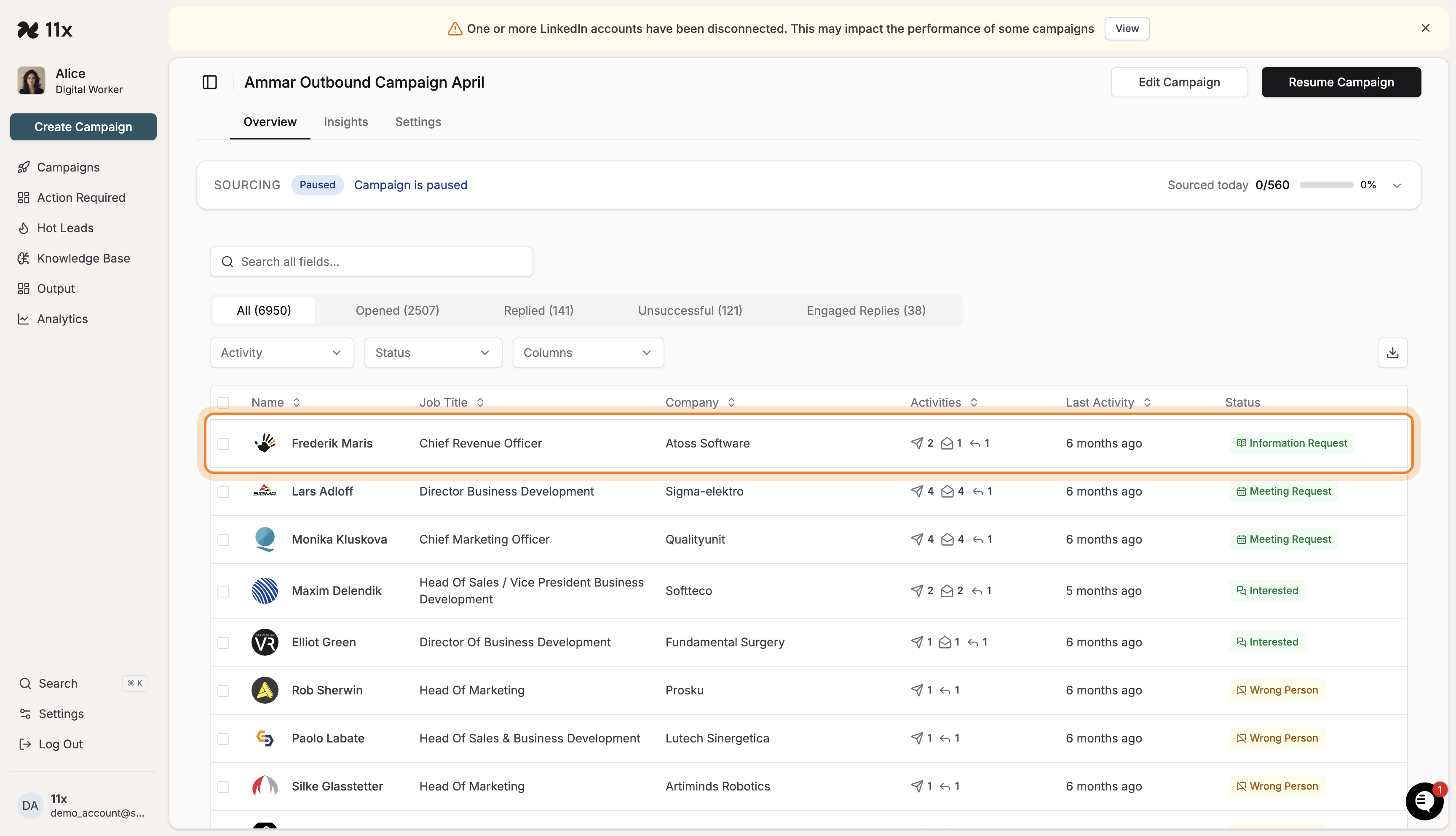 Contact row highlighted in campaign page contact list
