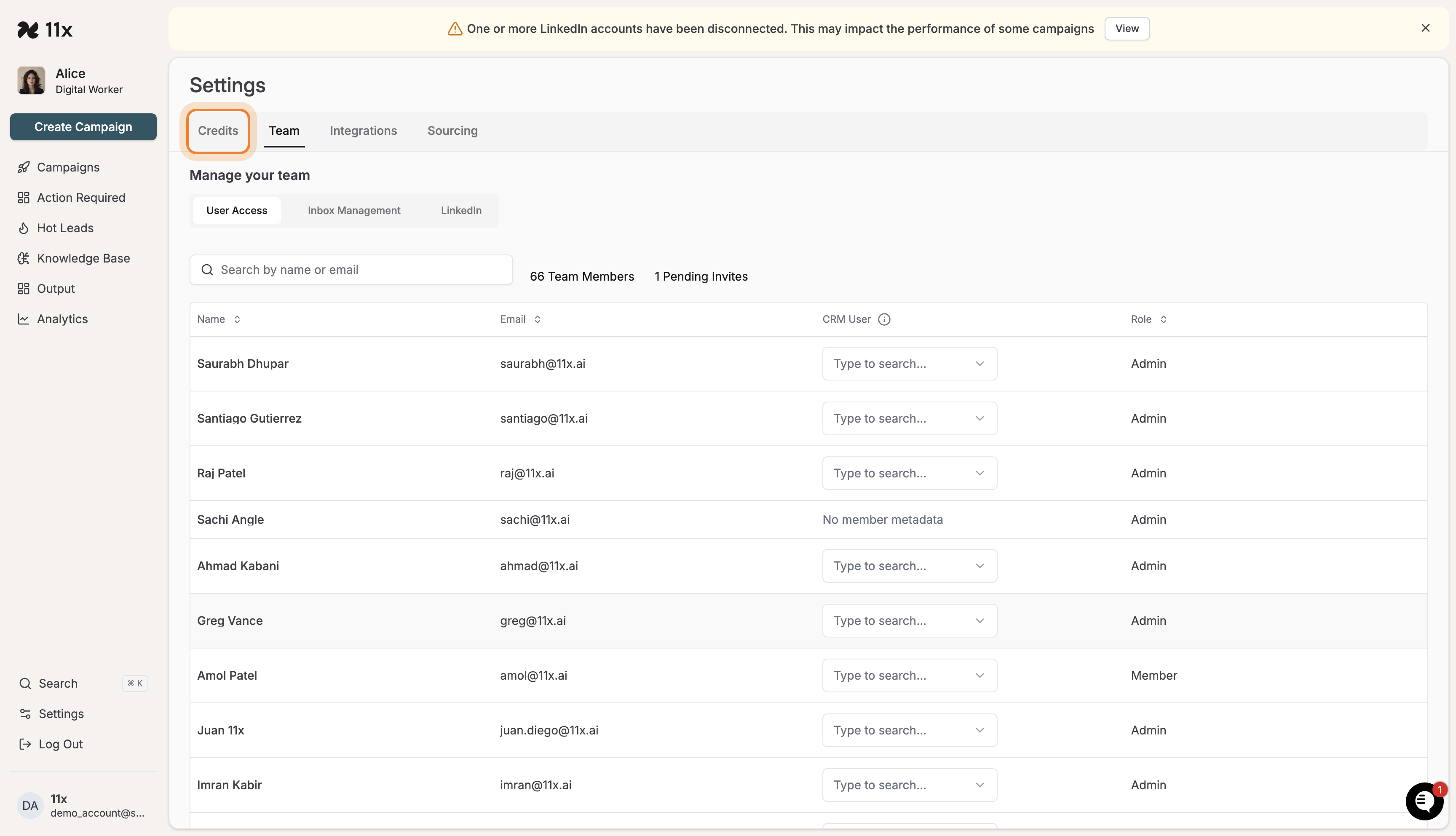 Credits tab highlighted at the top of the Settings page