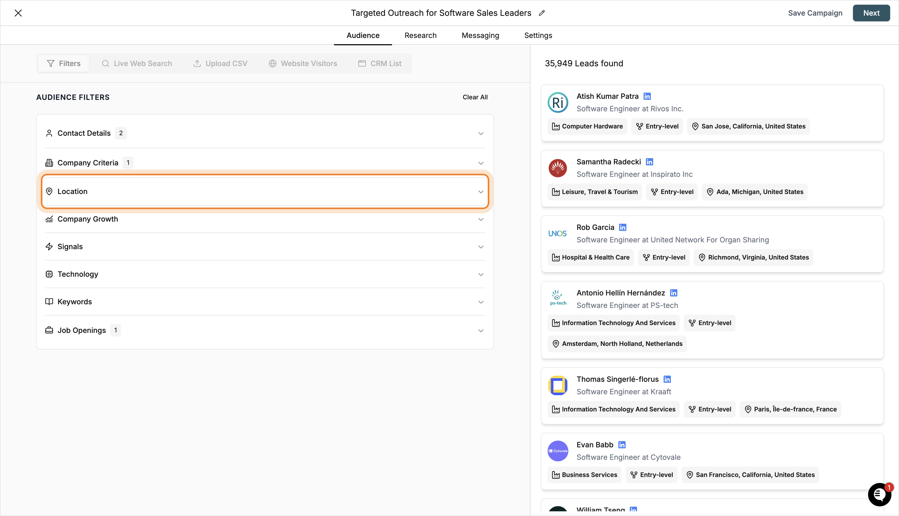 Audience Filters panel in campaign builder