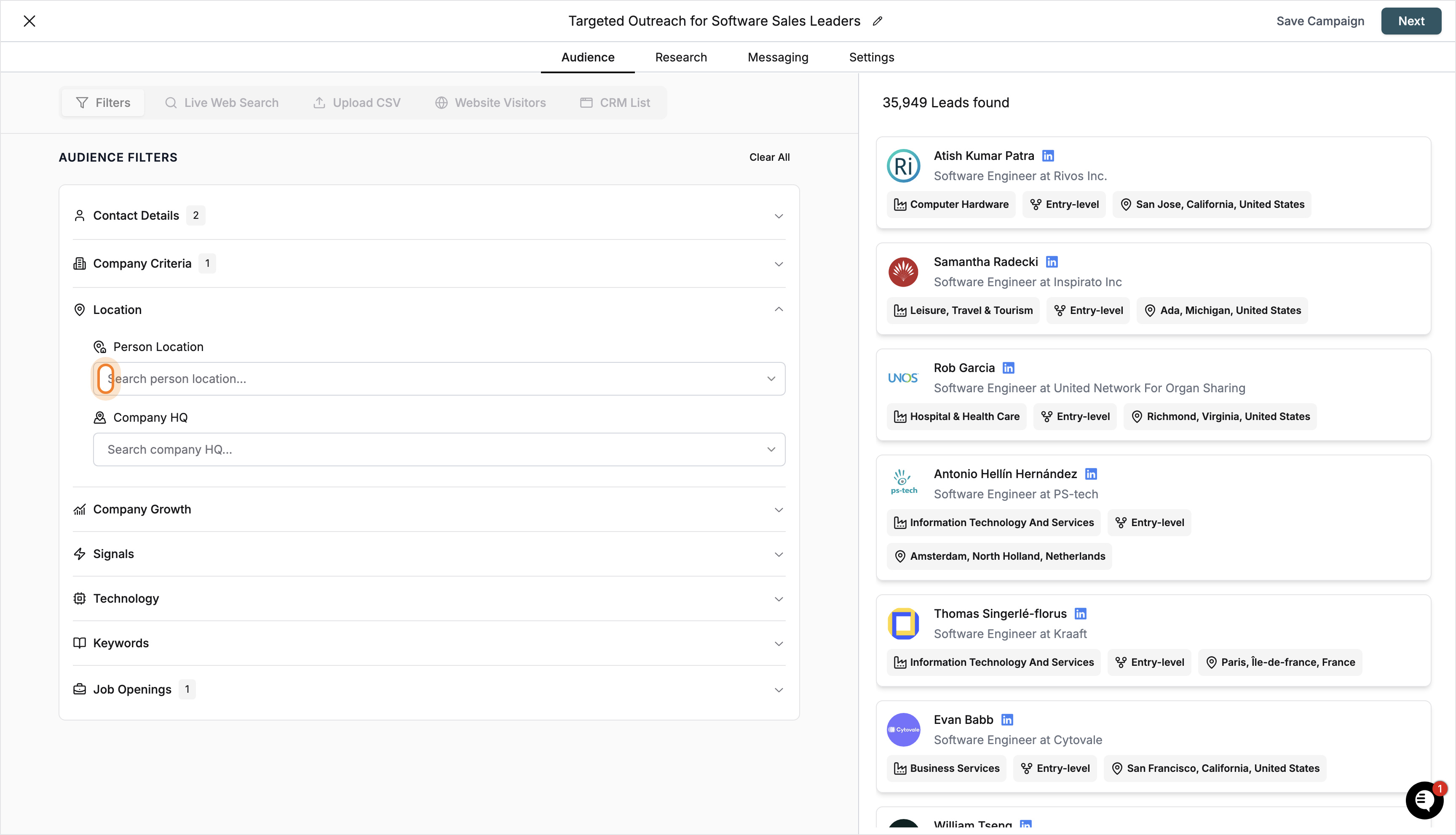 Location filter category expanded with Person Location and Company HQ fields