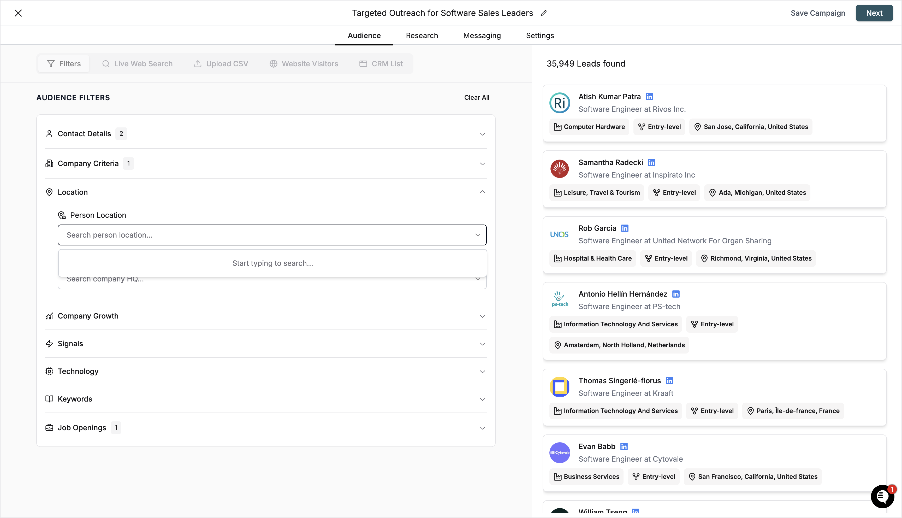 Person Location field active with search tooltip