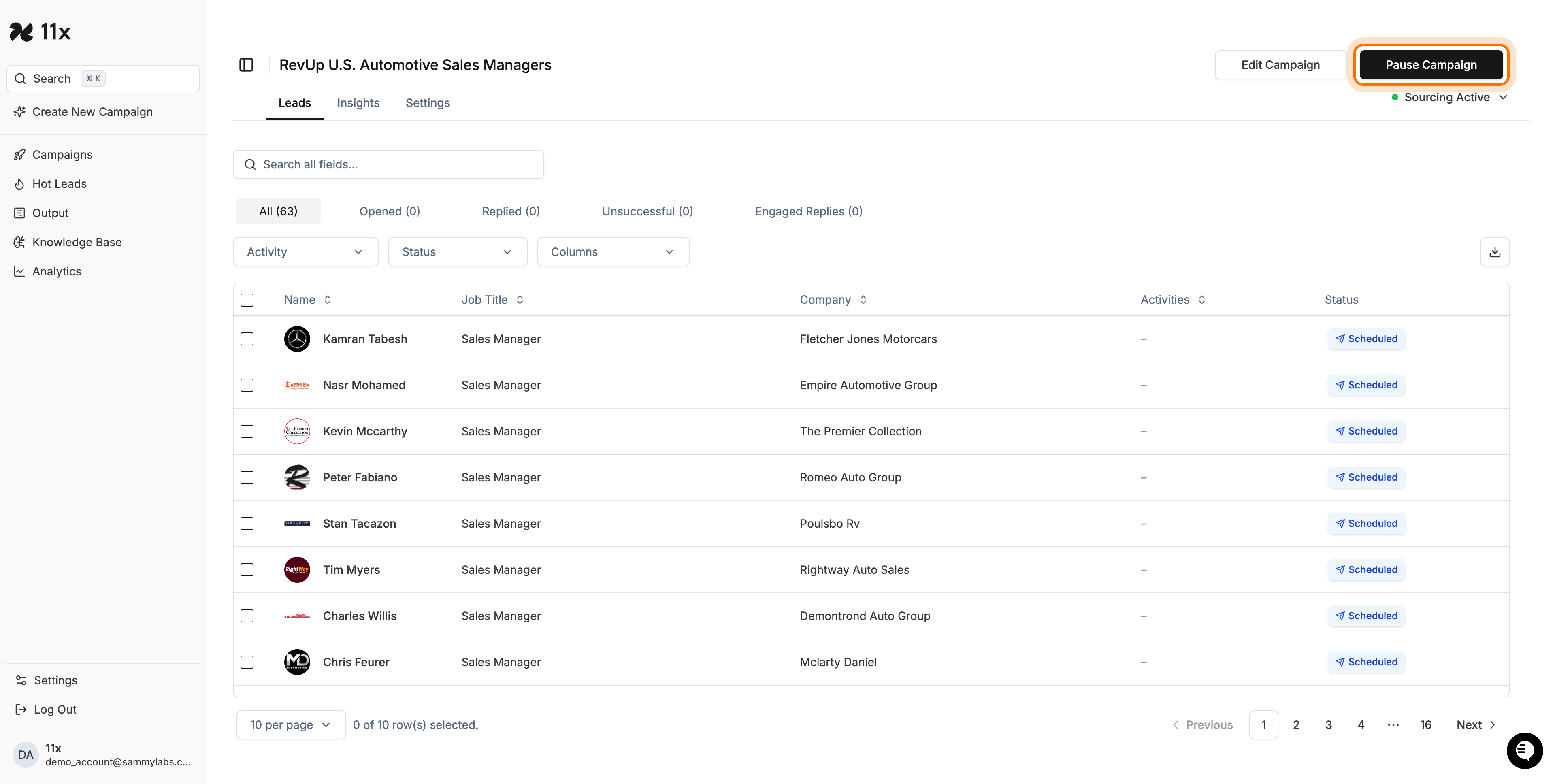 Campaign details page with the