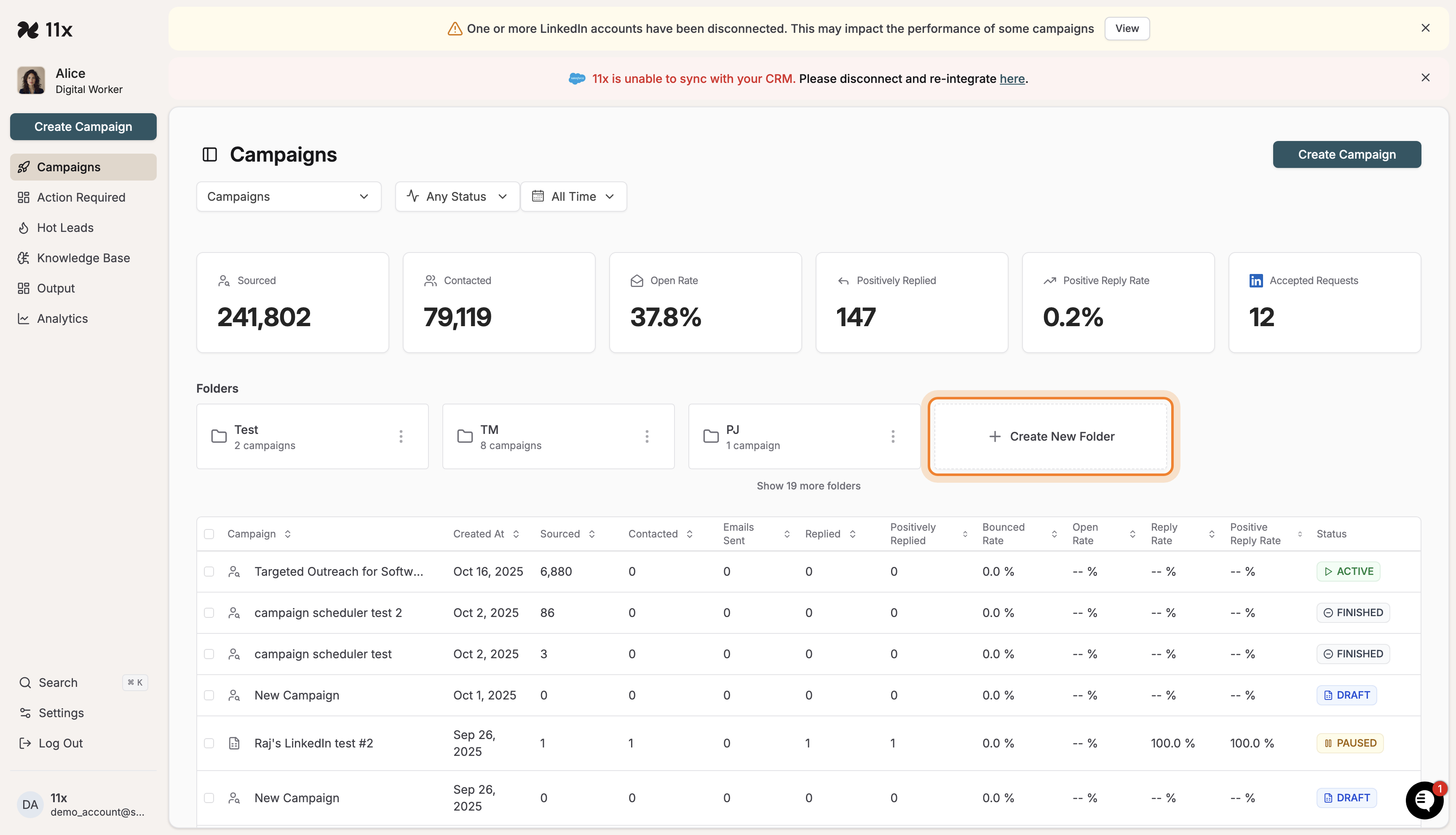 Campaigns dashboard with Folders panel and Create New Folder button highlighted