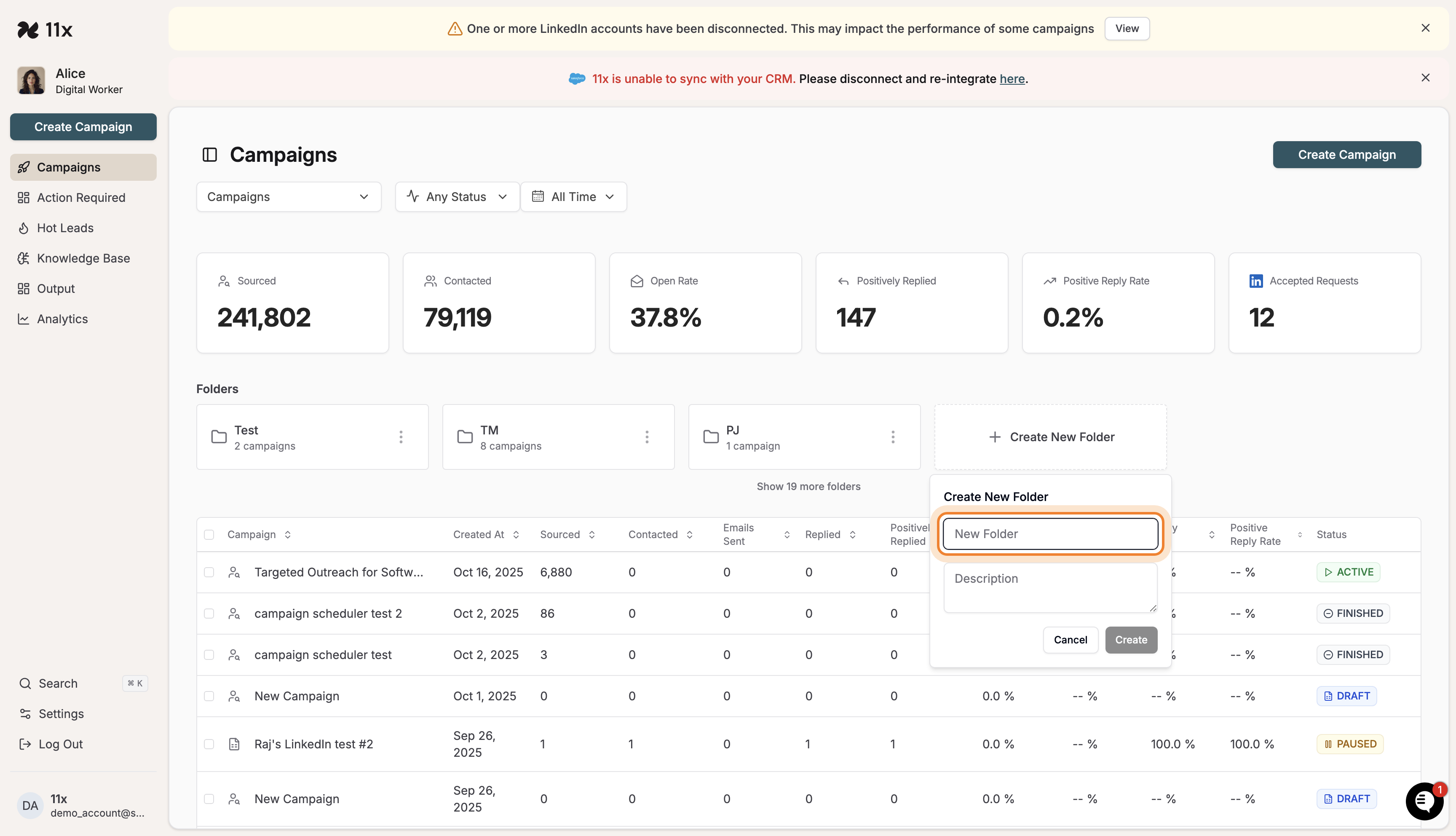 Create New Folder modal with folder name field highlighted