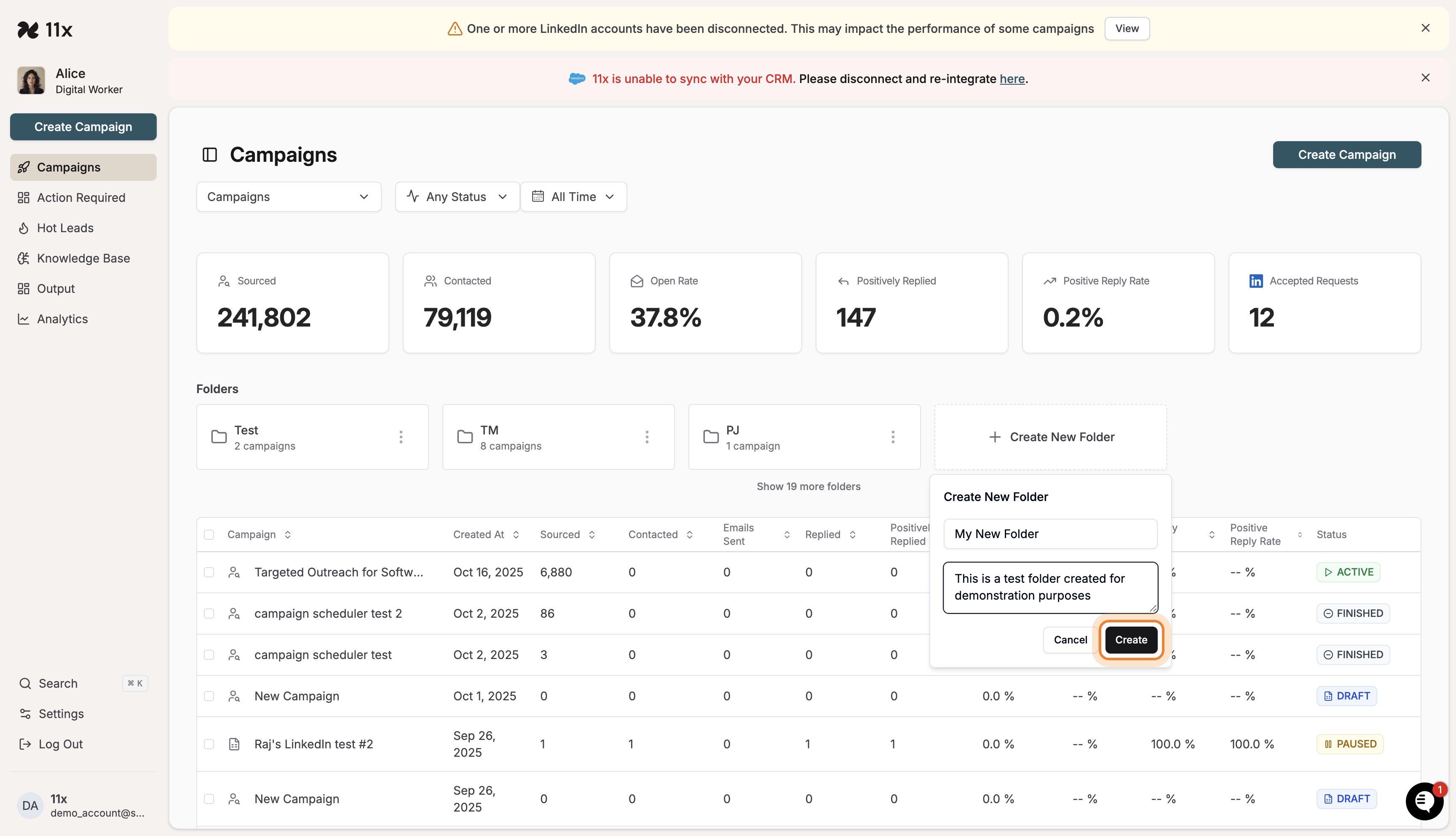 Create button highlighted in the Create New Folder modal