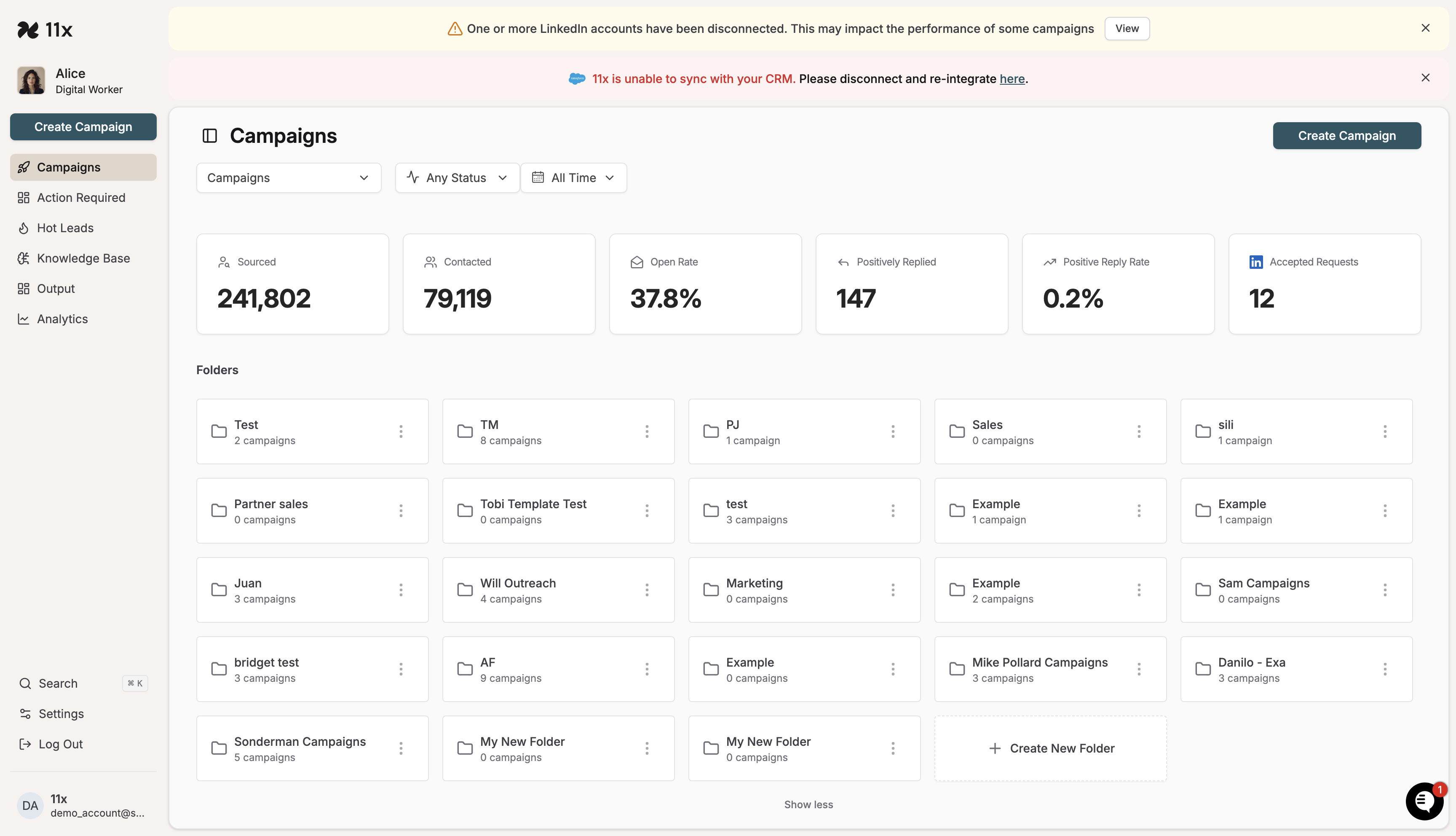 Newly created folder visible in the expanded Folders panel, showing 0 campaigns