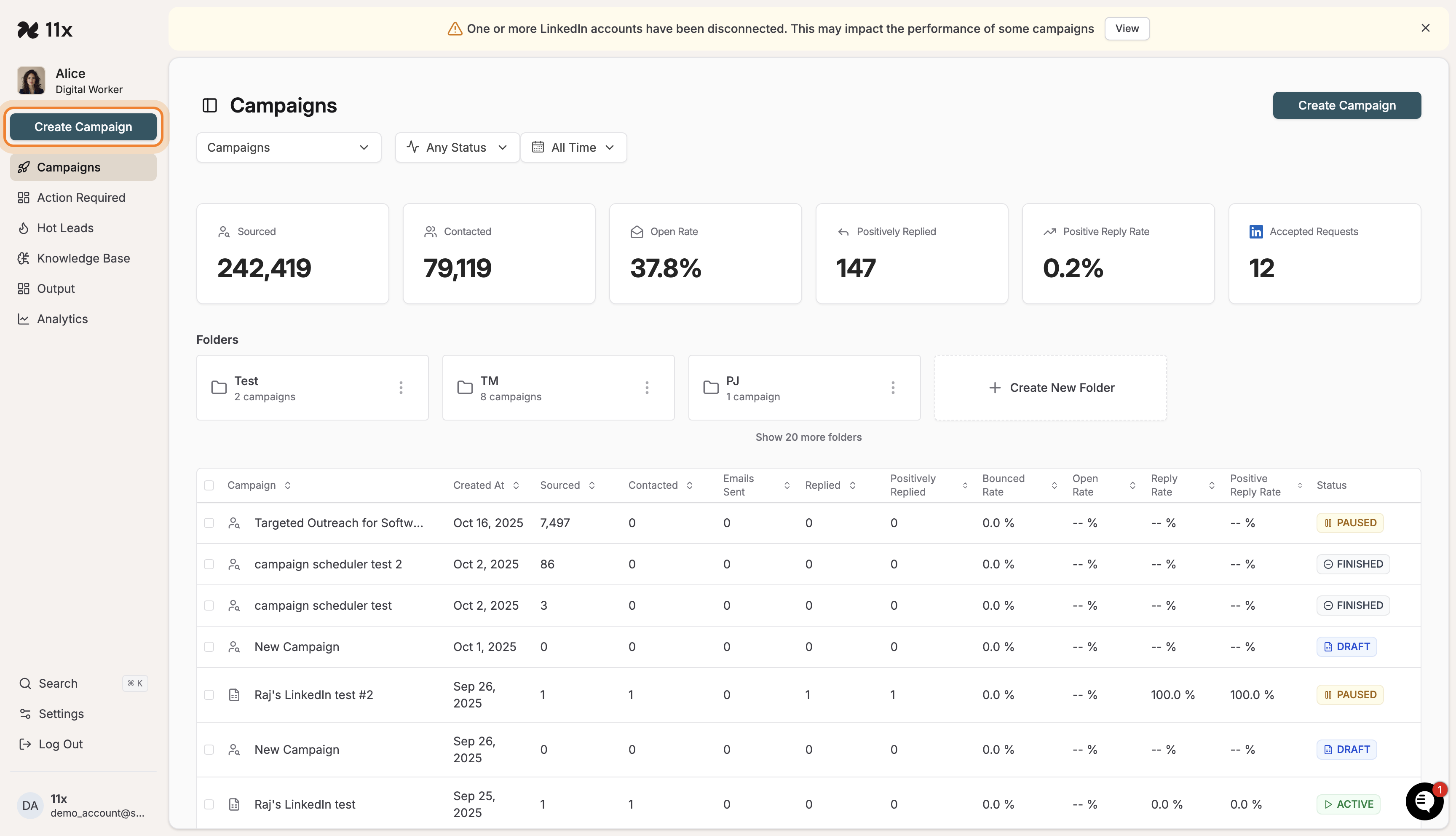 Campaigns dashboard with Create Campaign button highlighted