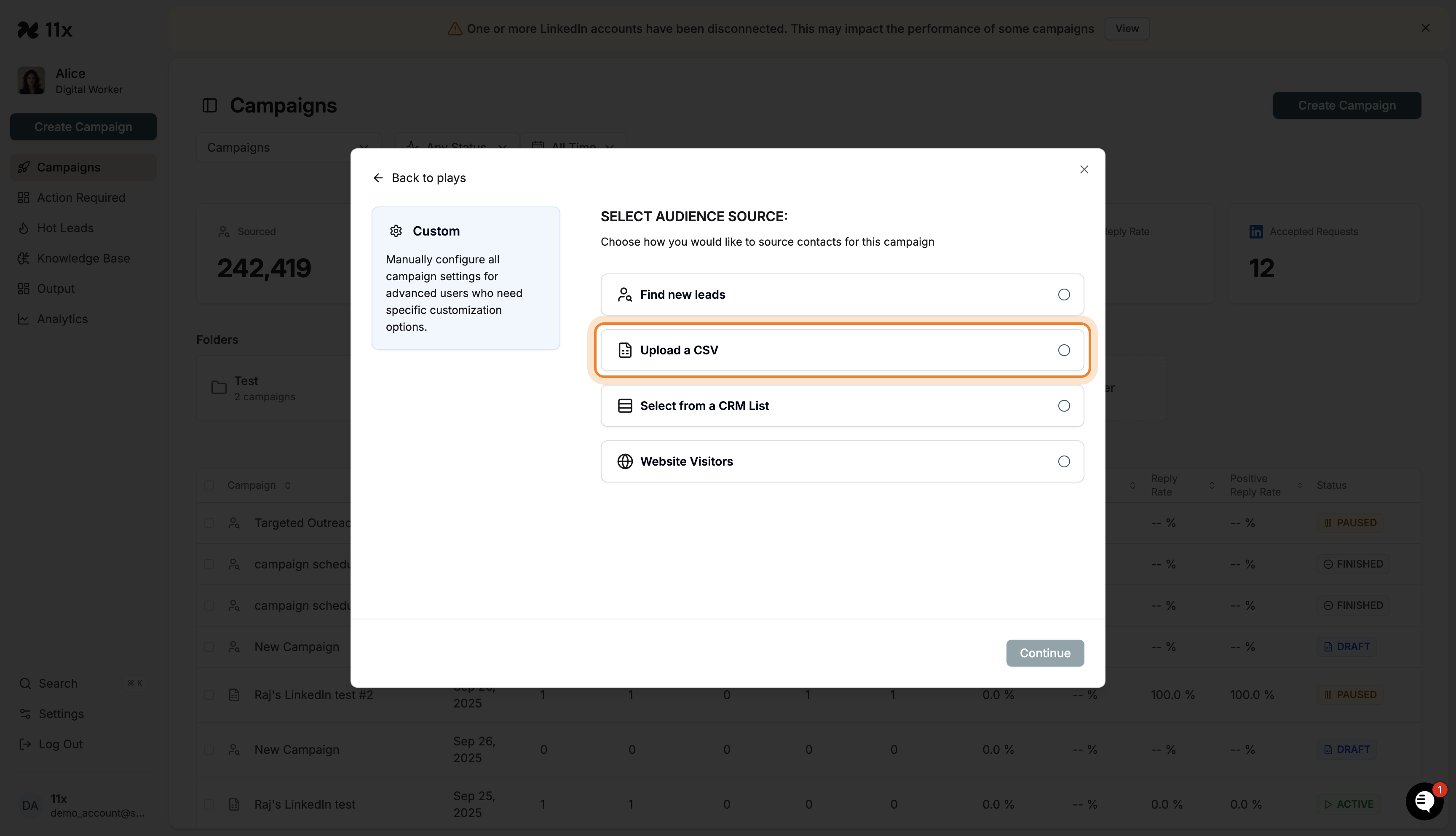 Select Audience Source modal with Upload a CSV option highlighted