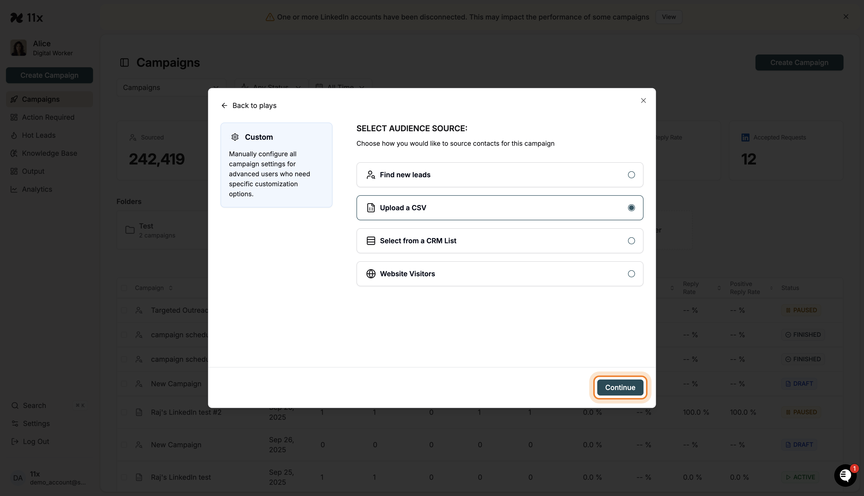 Continue button highlighted in Select Audience Source modal