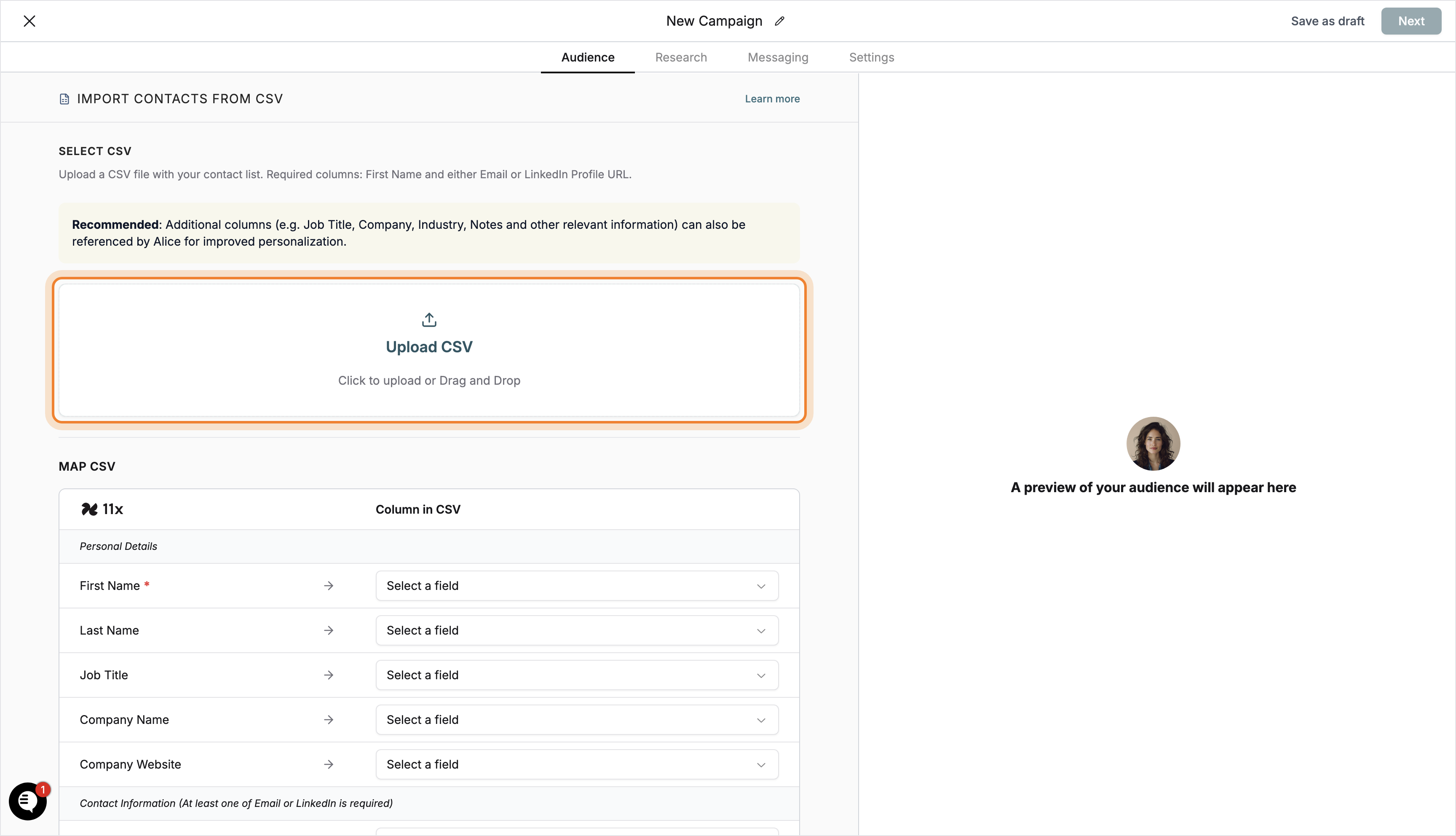 CSV upload area highlighted in Import Contacts from CSV screen