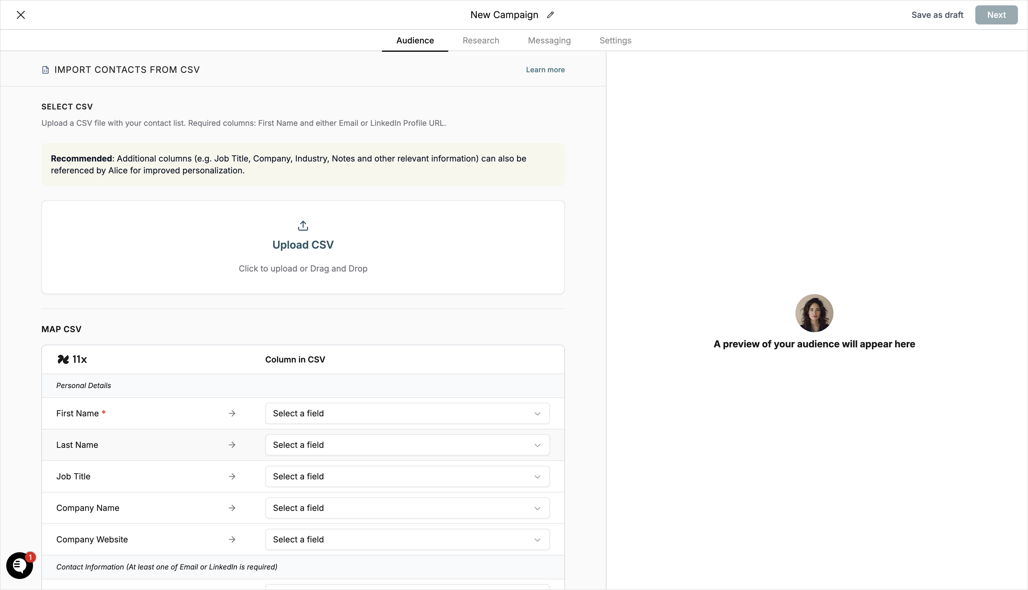 Column mapping section in Import Contacts from CSV screen