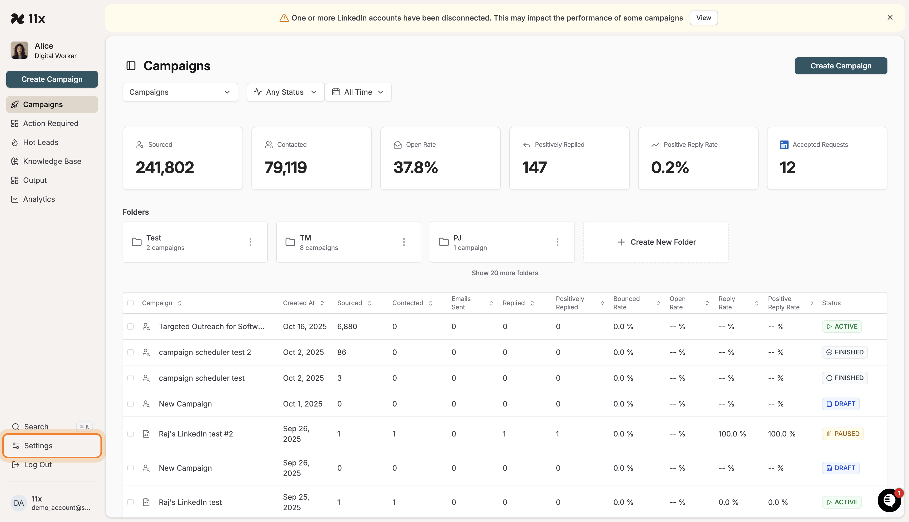 Settings option highlighted in the Alice dashboard navigation