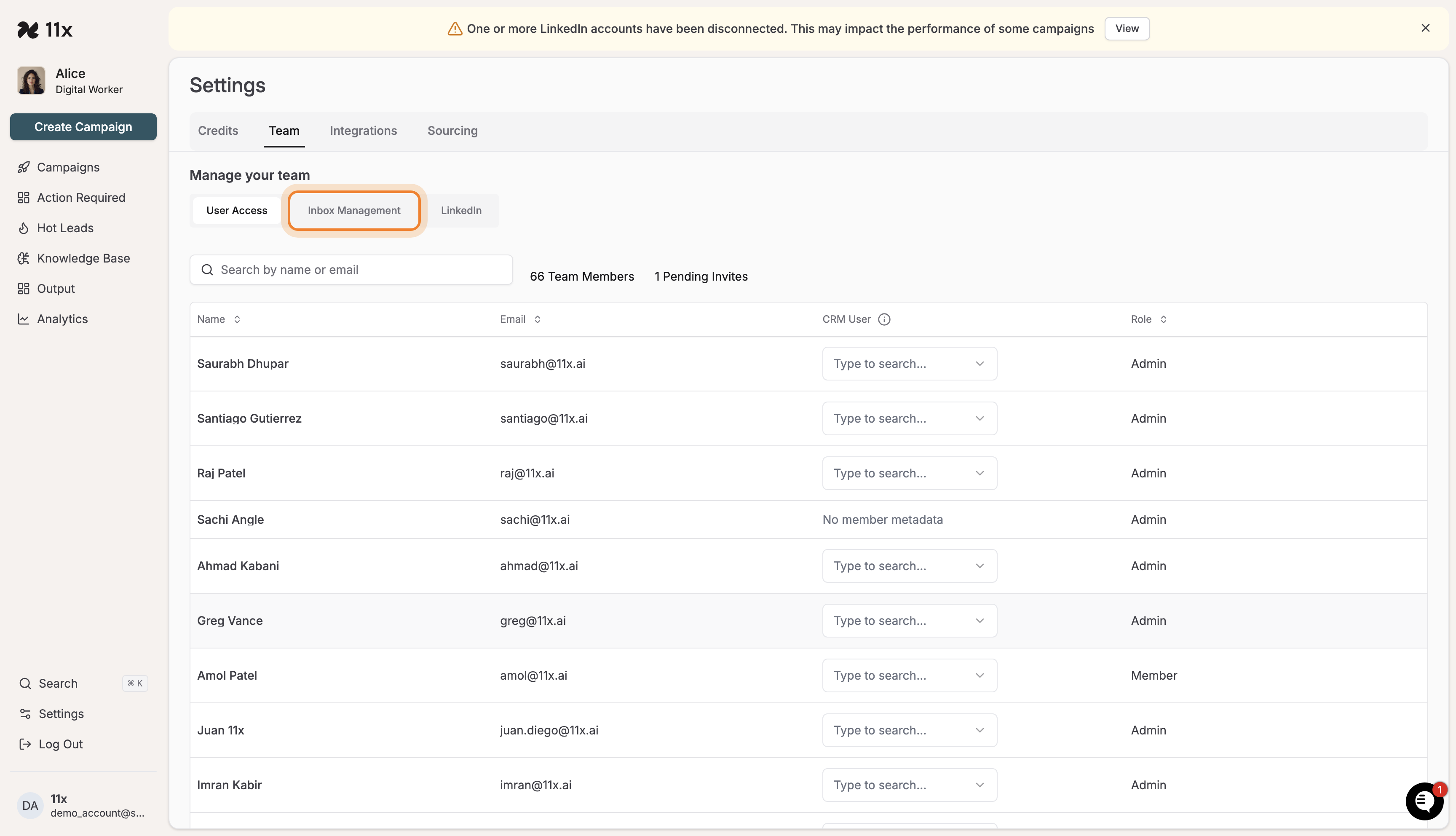 Inbox Management tab highlighted in the Settings page