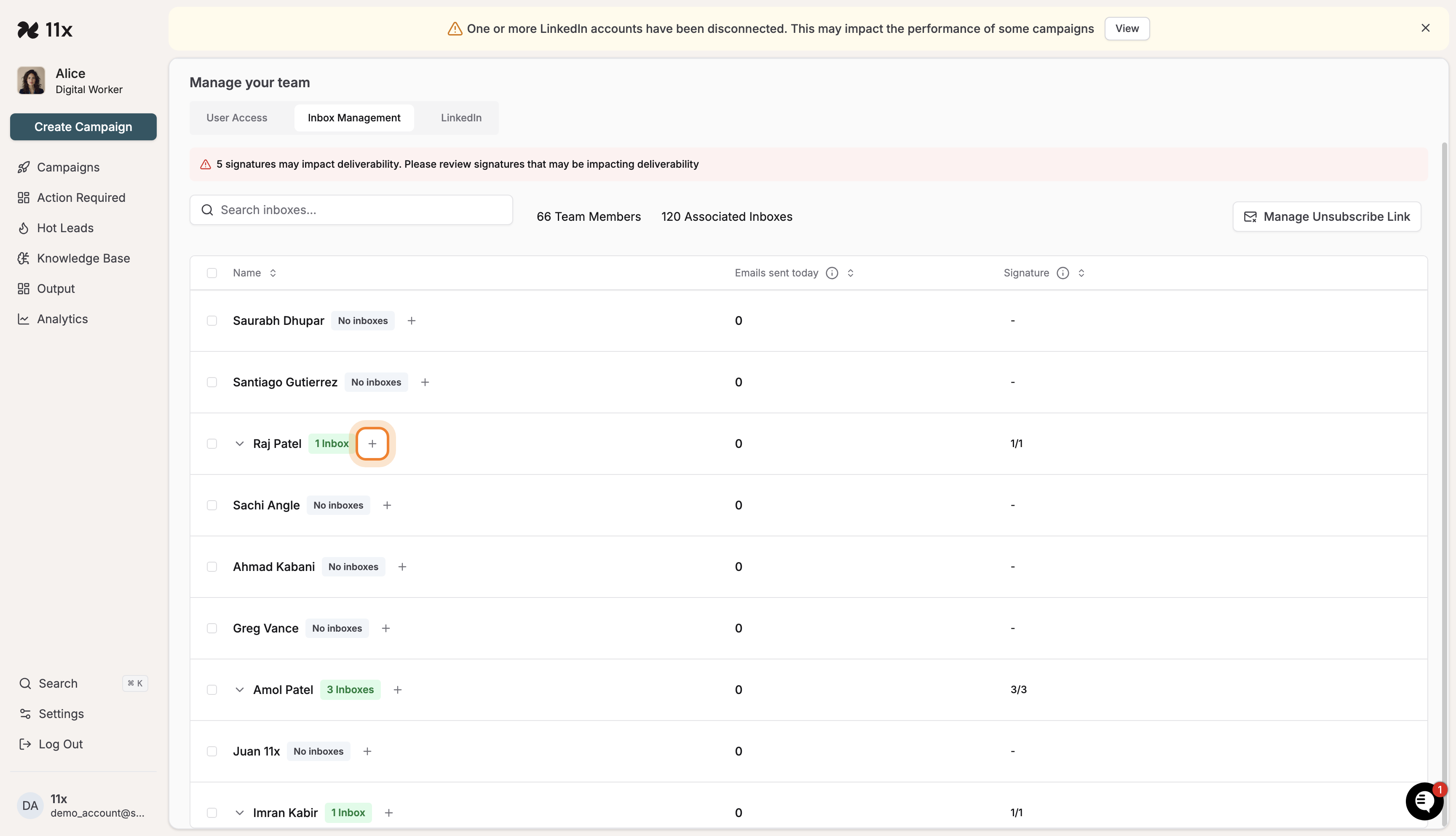 Inbox Management table showing team members and inboxes