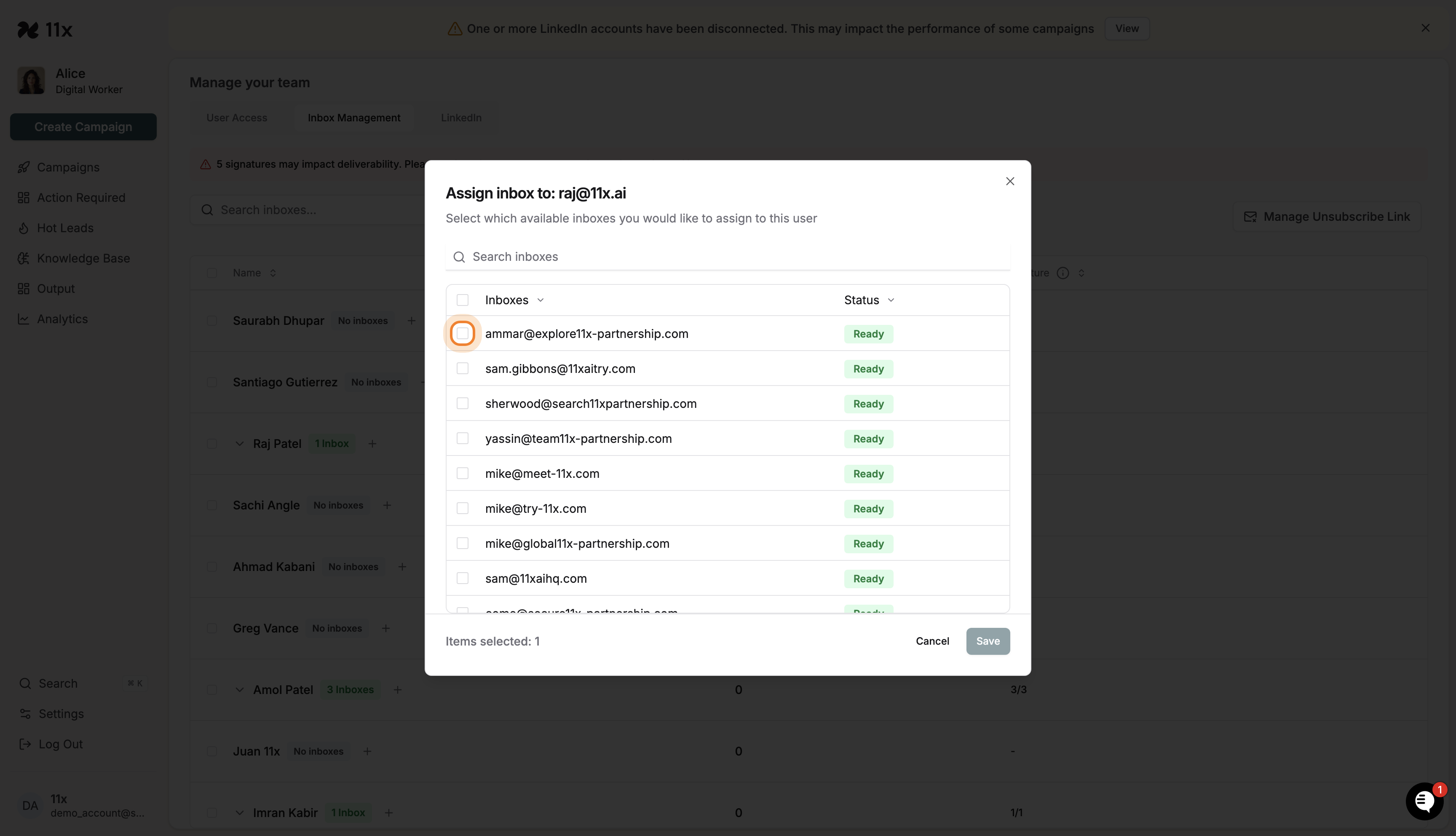 Assign inbox modal with sender address checkbox selected