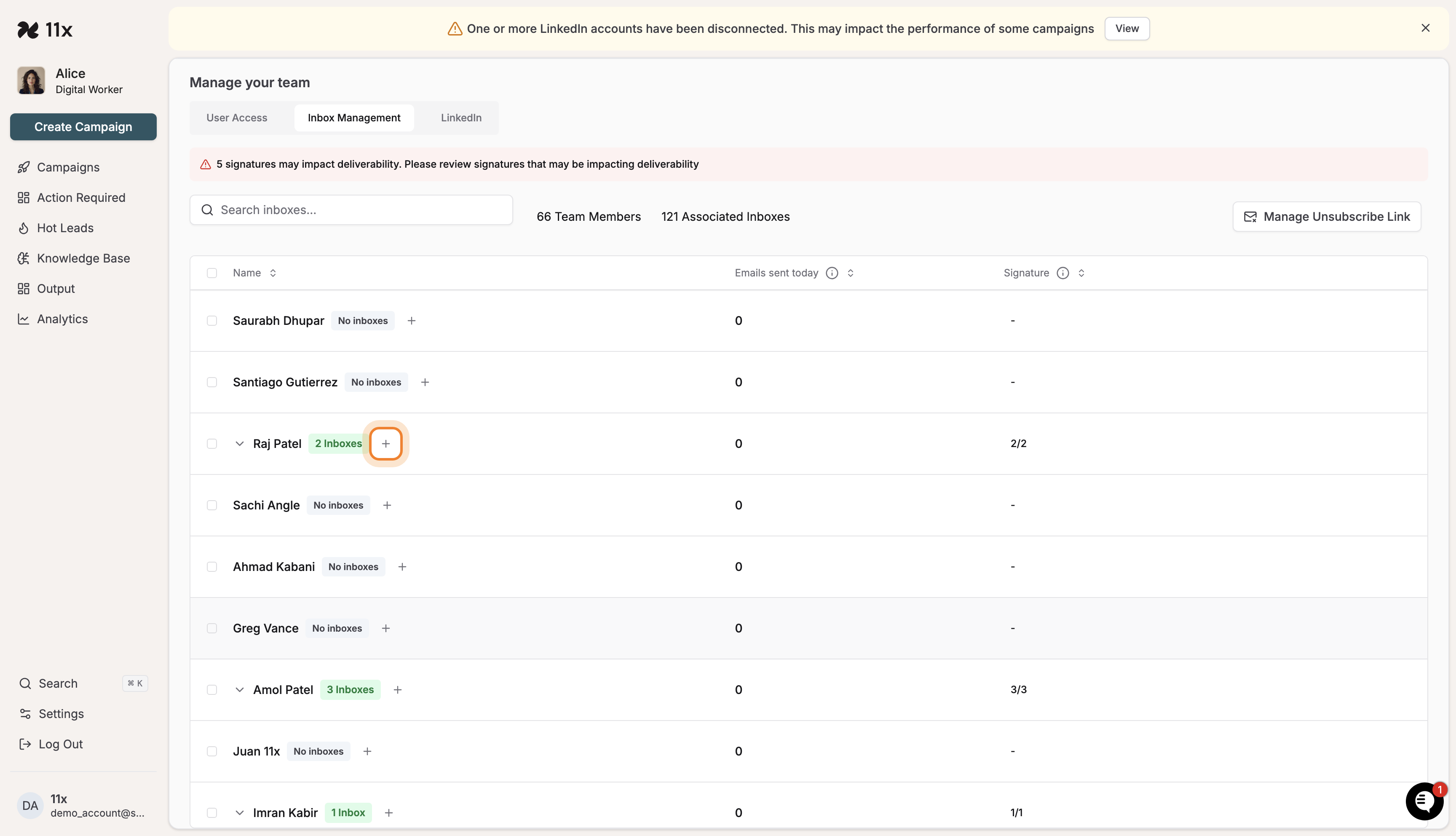 Inbox count updated to 2 Inboxes for the team member