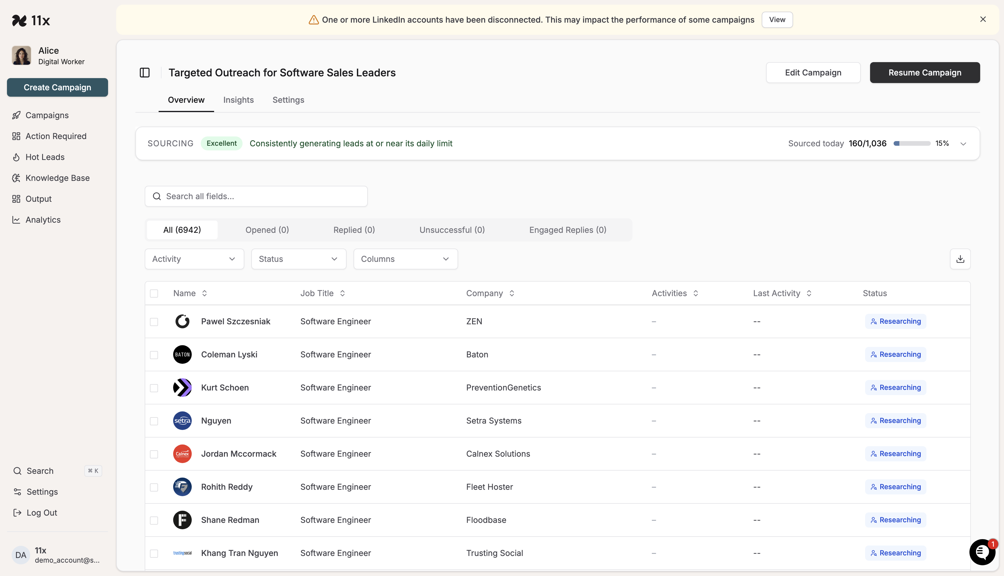 Campaign details page after pausing, showing Resume Campaign button