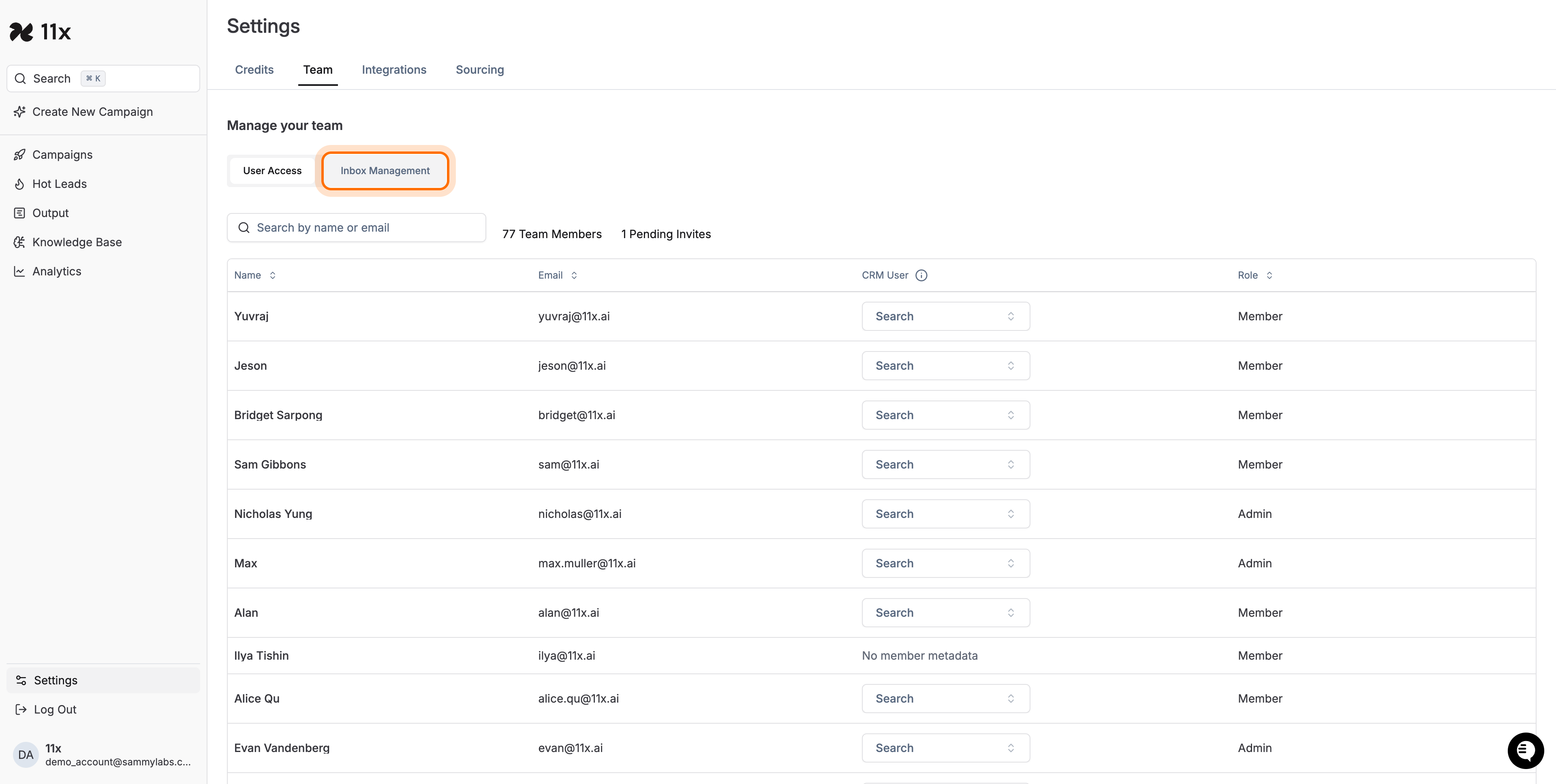 Inbox Management tab highlighted in Settings