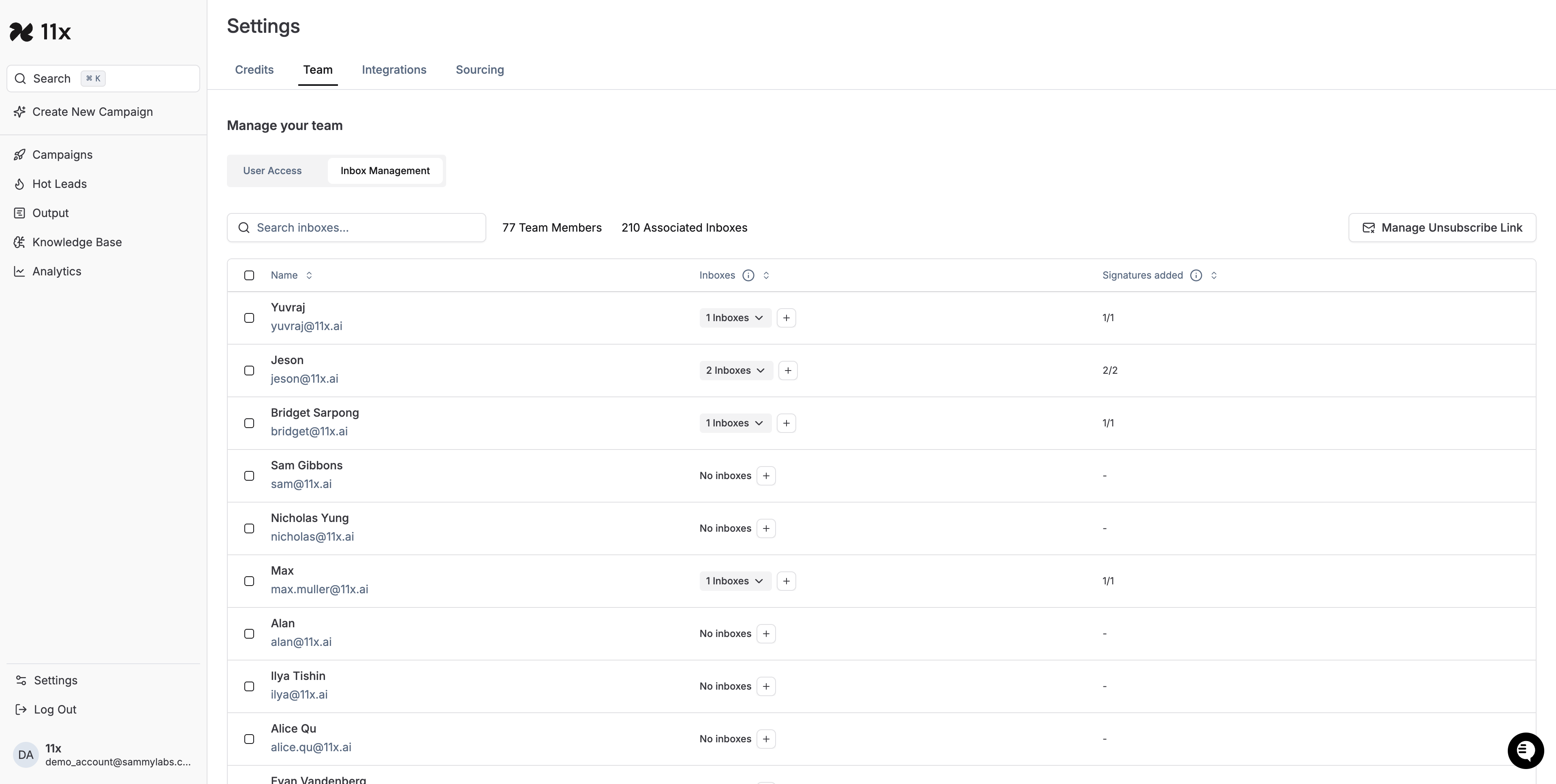 Inbox Management interface showing team members and inboxes