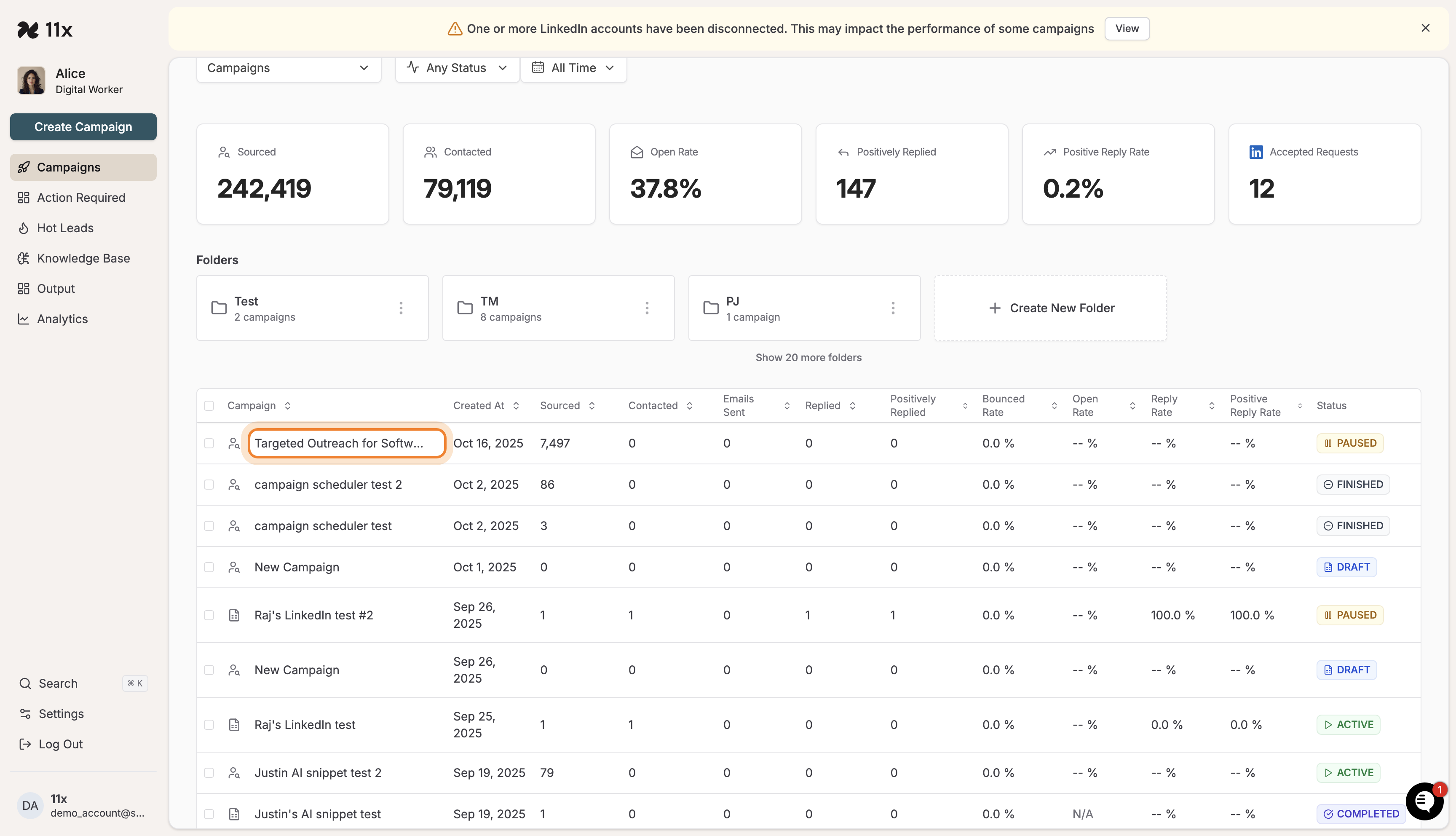Campaigns dashboard showing a list of campaigns with various statuses, including PAUSED and DRAFT