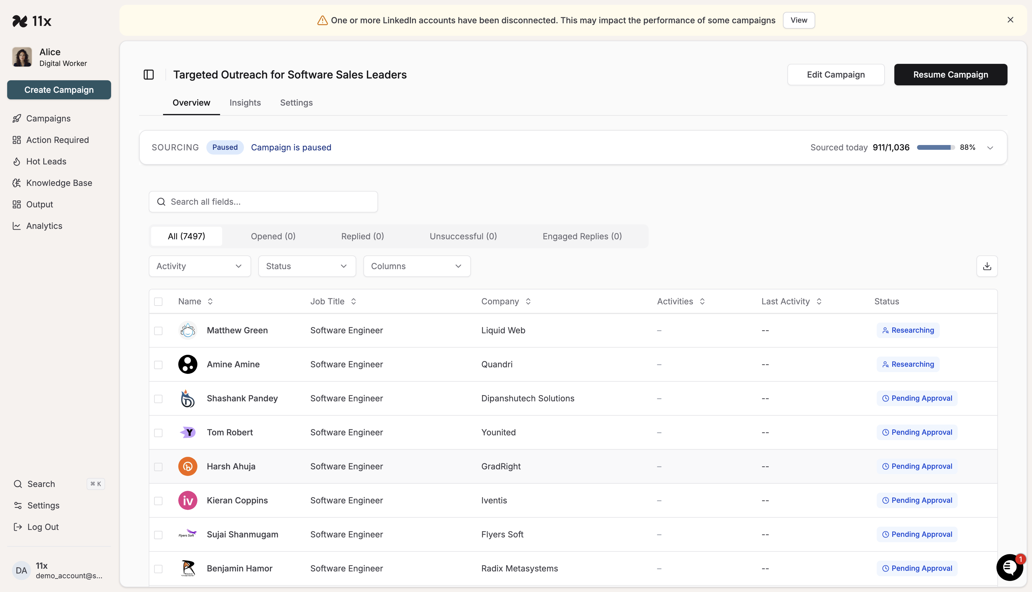 Overview screen for a PAUSED campaign, showing campaign details, sourcing progress, and contact list