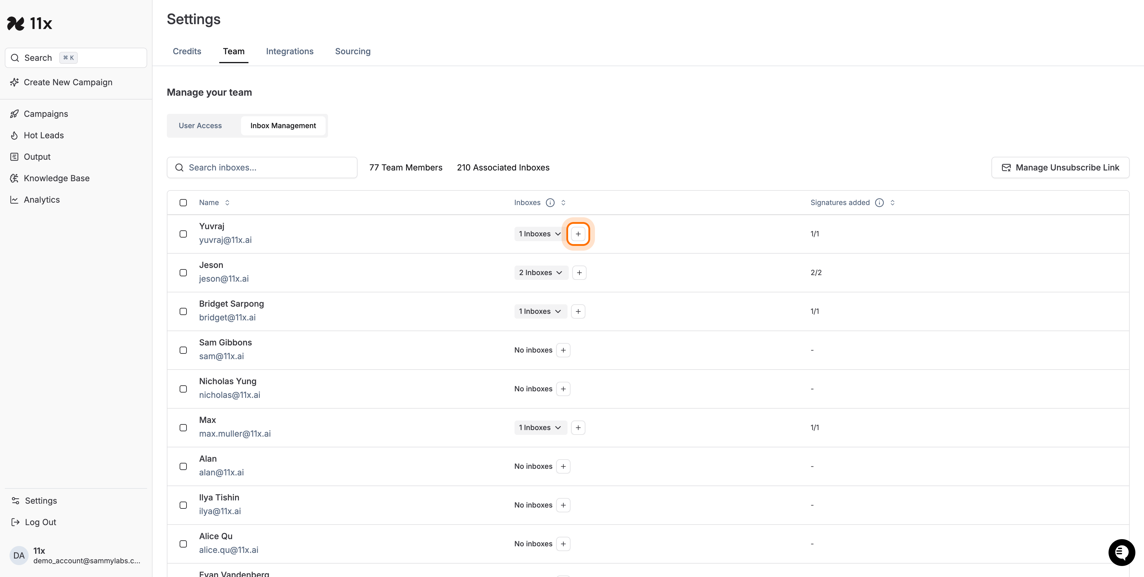 Plus button highlighted for associating a new inbox