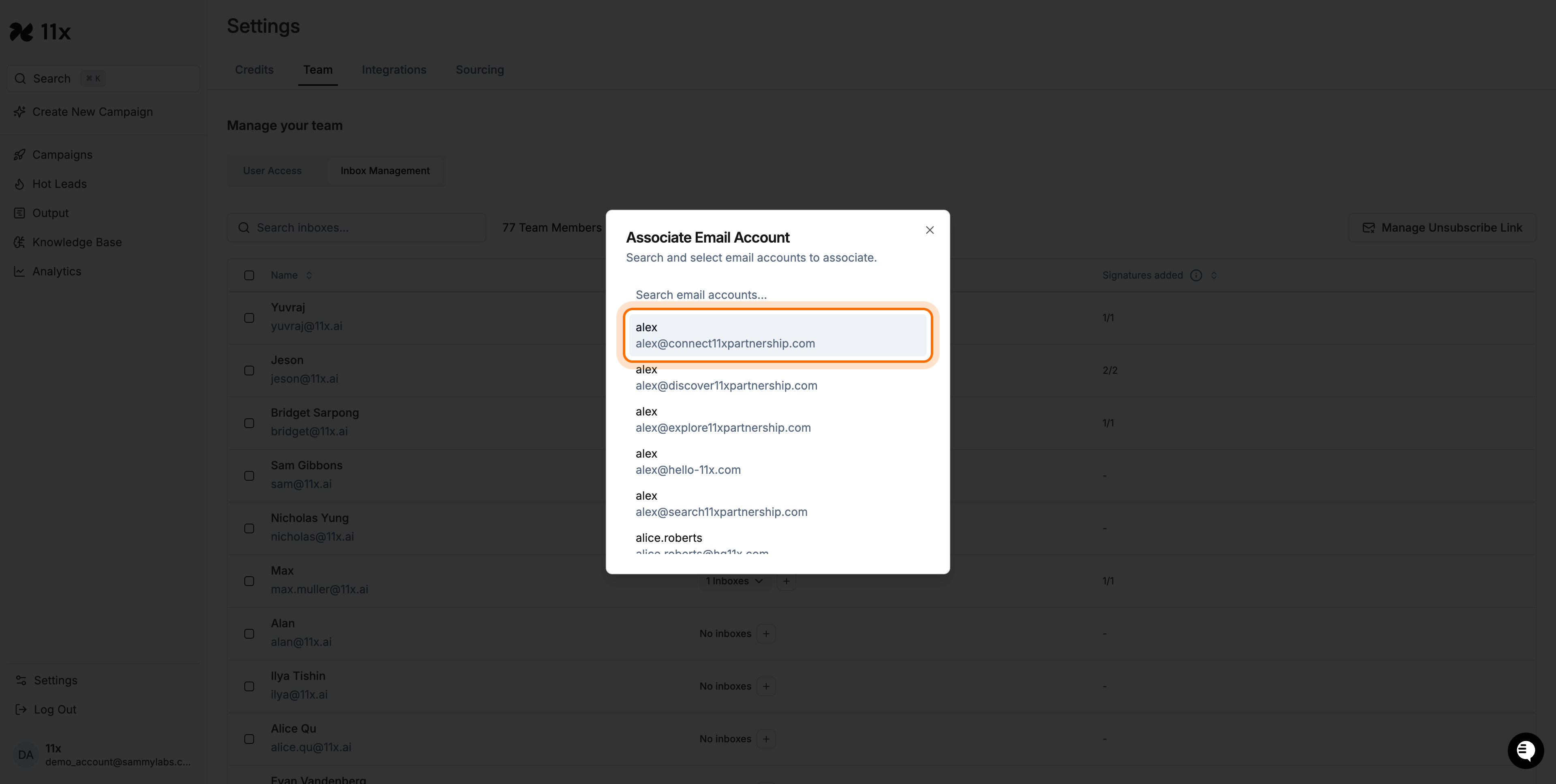 Selecting an email account to associate in the modal