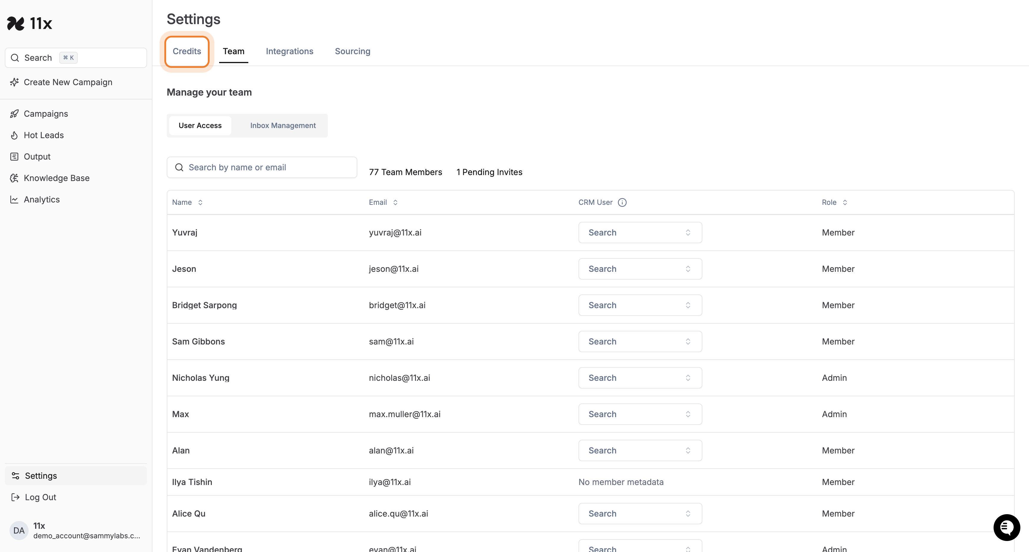 Credits tab highlighted in the Settings page navigation