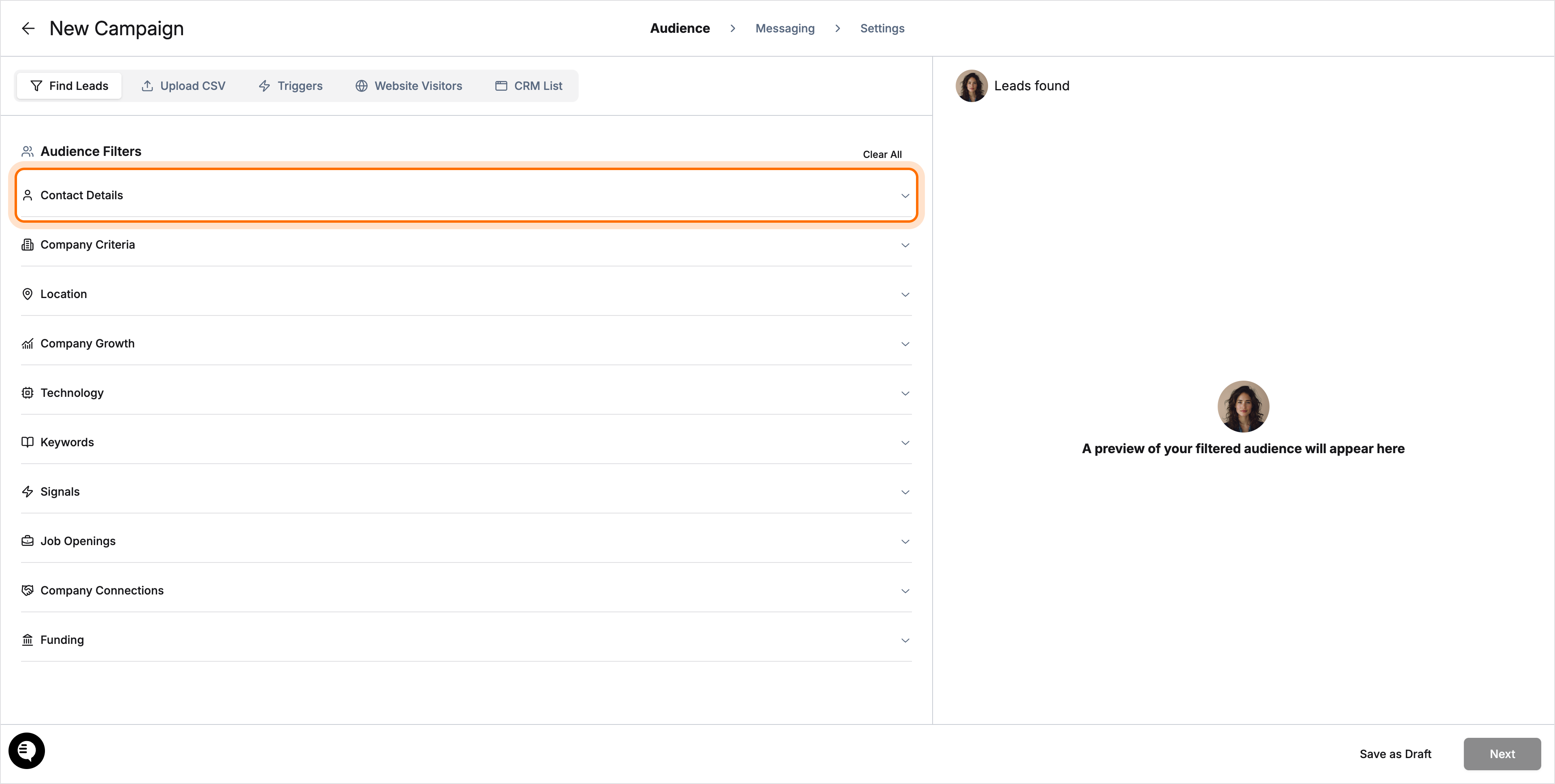 Contact Details option highlighted in Audience Filters