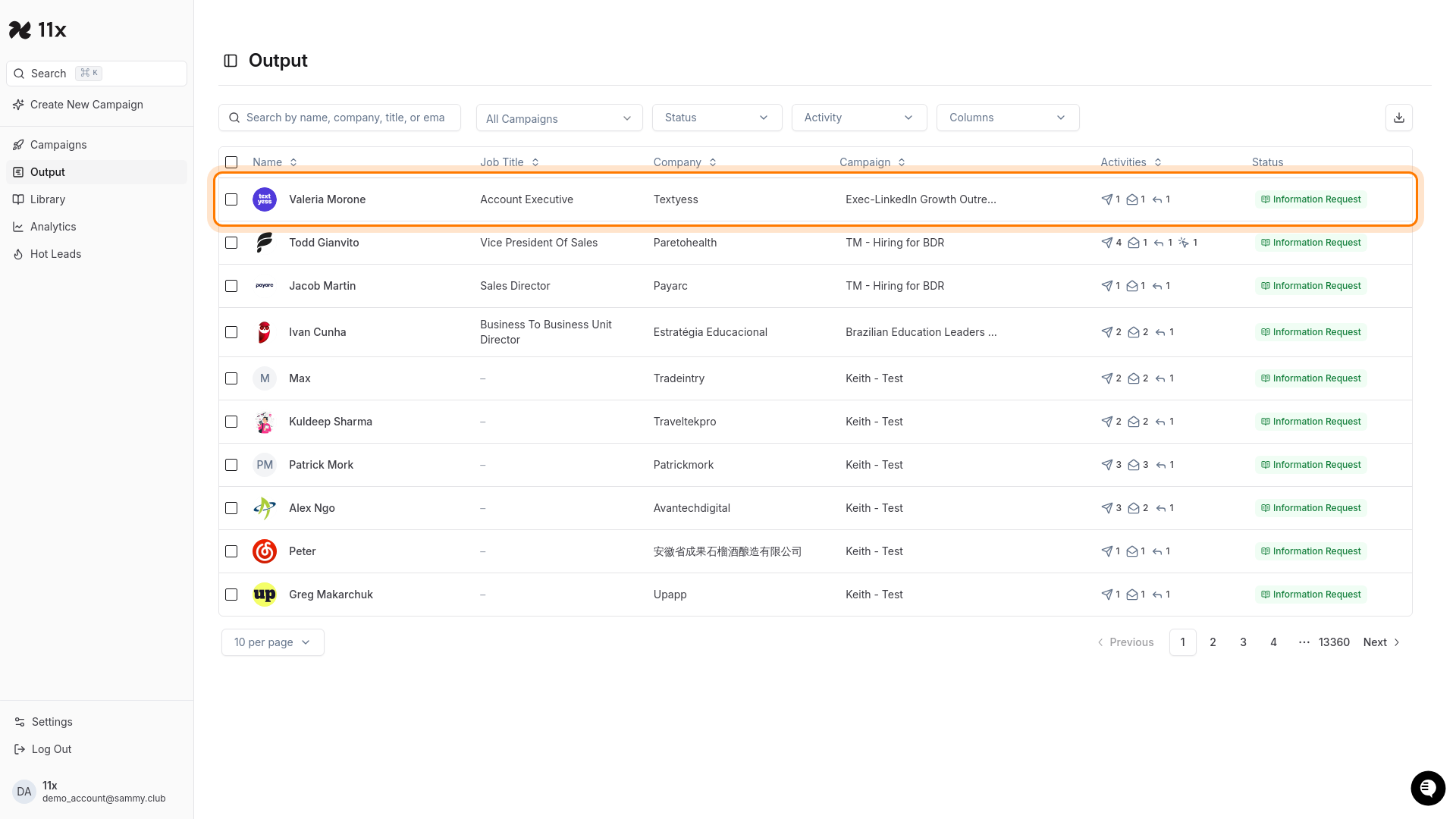 Contact rows in the table