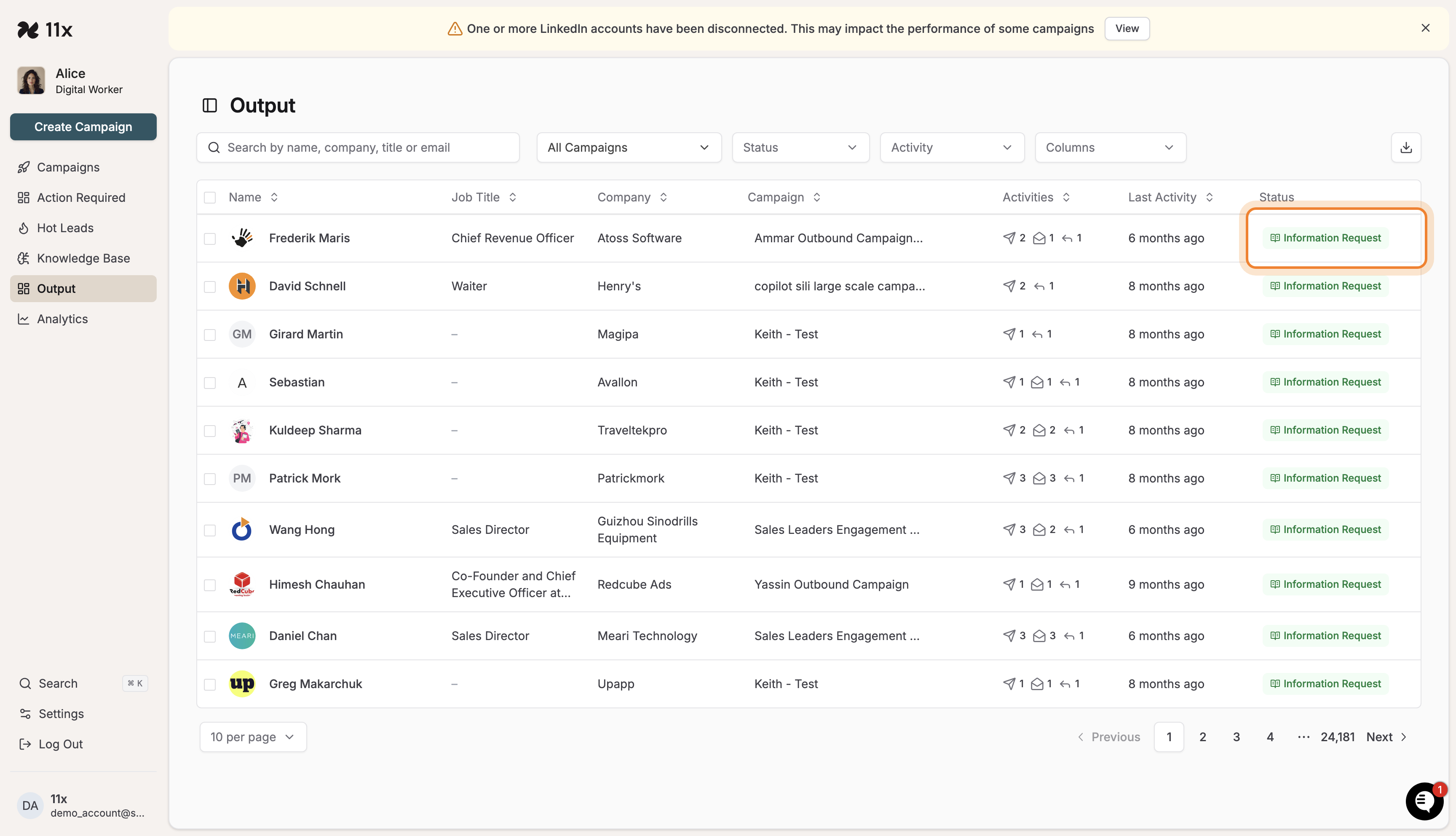 Output table with contacts and 'Information Request' status highlighted